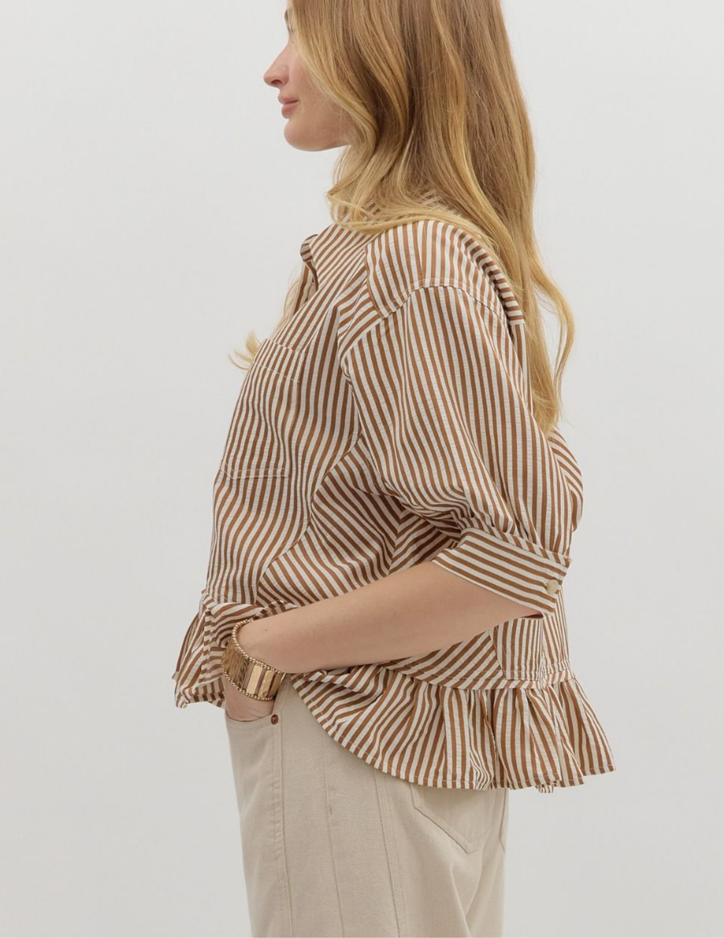 Striped Ruffled Hem Top- Brown - Tres Chic Boutique