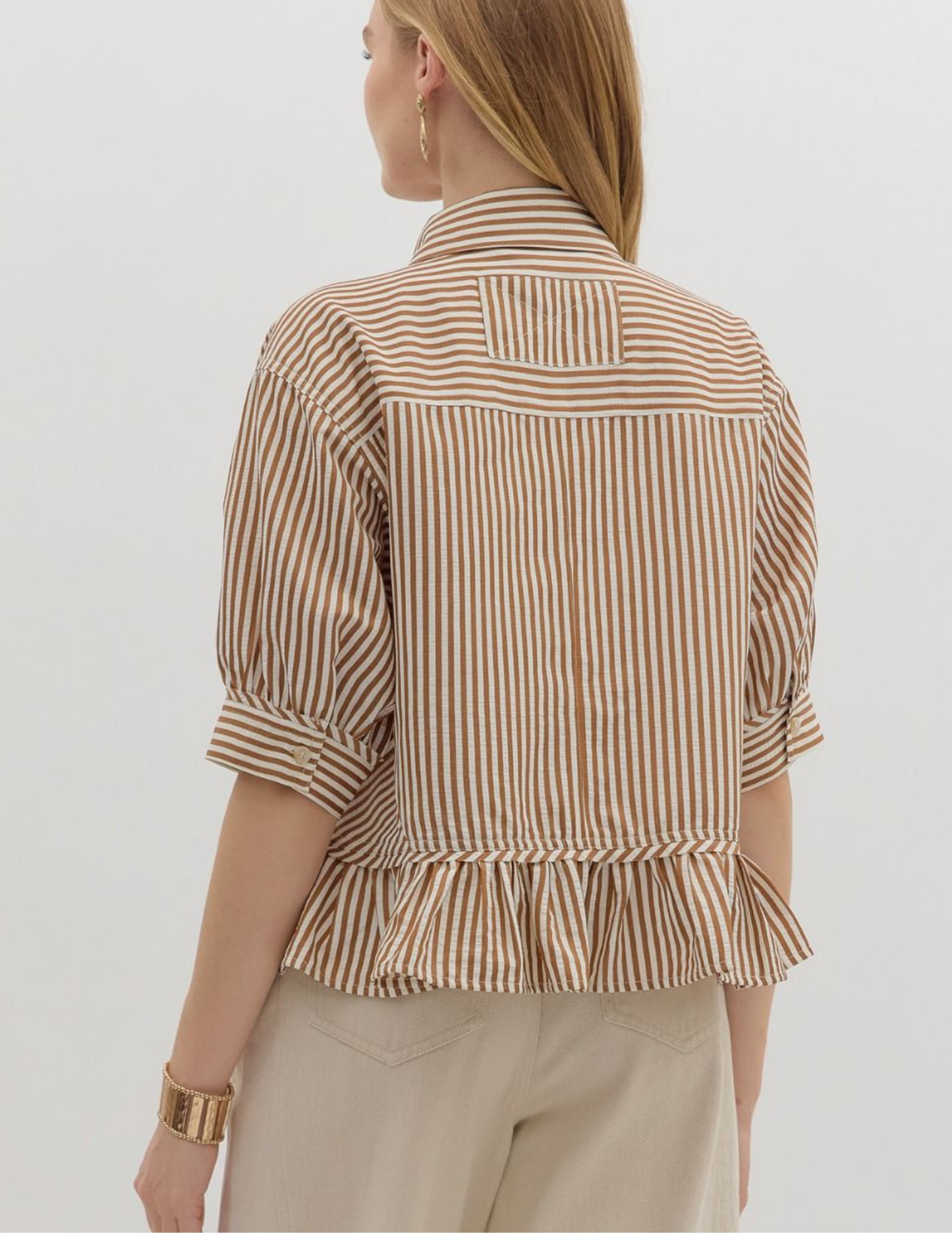 Striped Ruffled Hem Top- Brown - Tres Chic Boutique