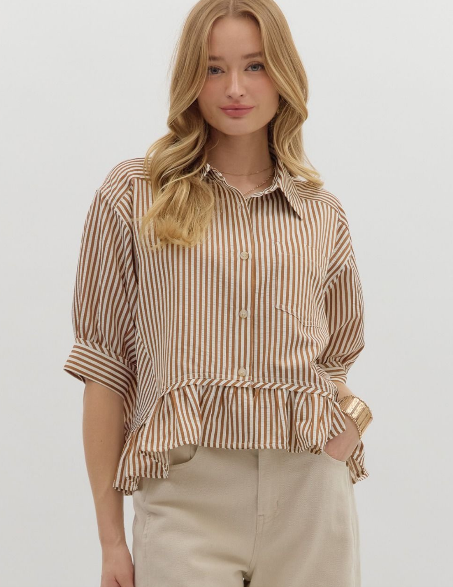 Striped Ruffled Hem Top- Brown - Tres Chic Boutique
