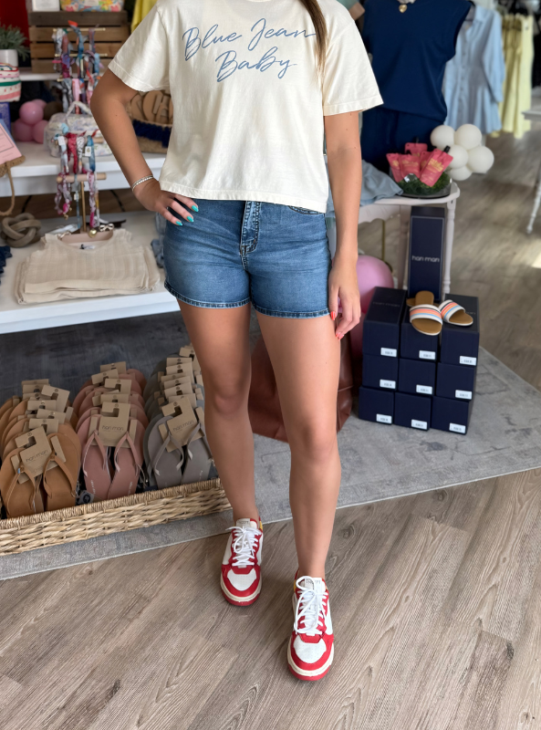Rowan Mid Rise Shorts- Dark Wash