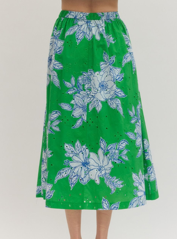 Botanical Print Midi Skirt- Green
