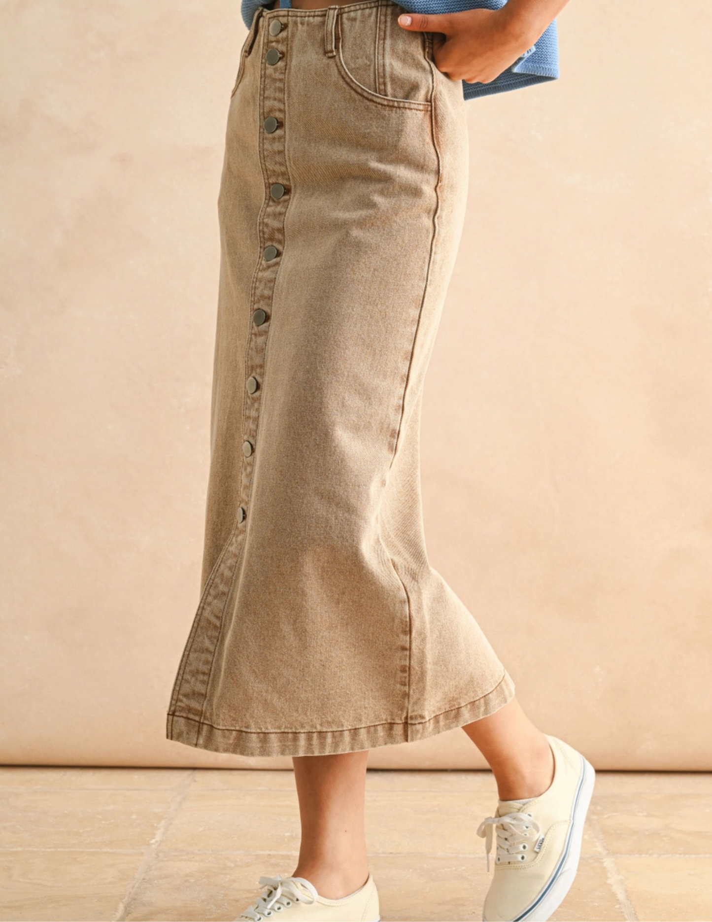 Denim Button Front Skirt- Brown