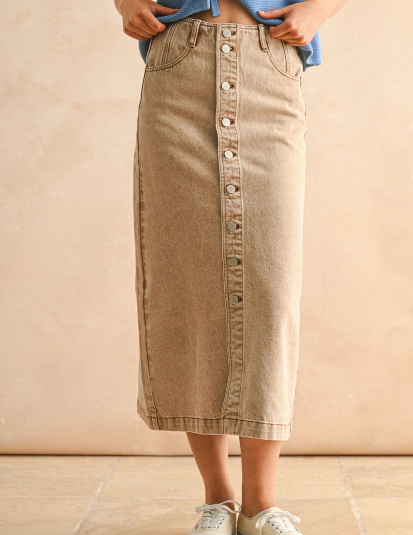 Denim Button Front Skirt- Brown