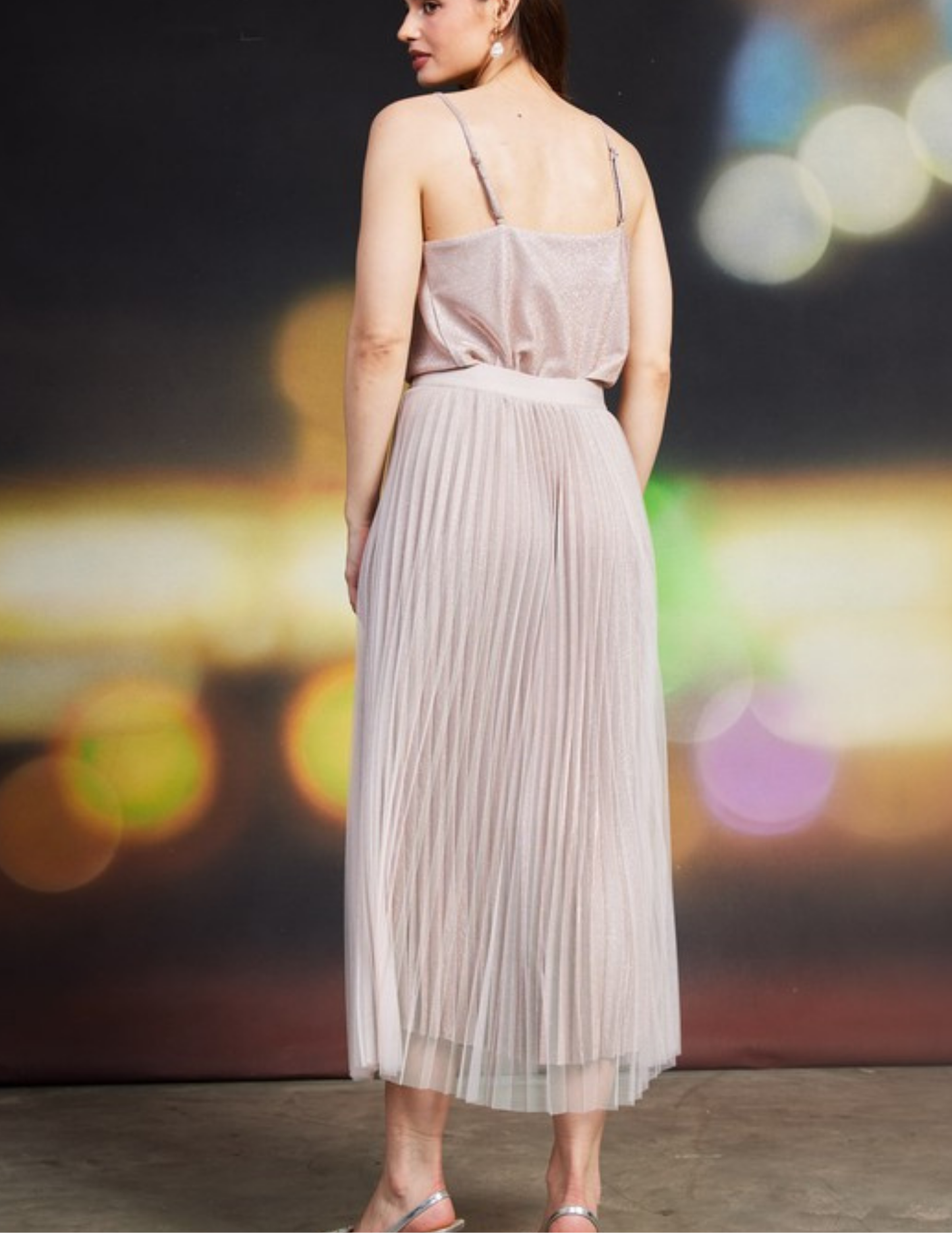 Lurex Pleated Double Mesh Midi Skirt- Blush