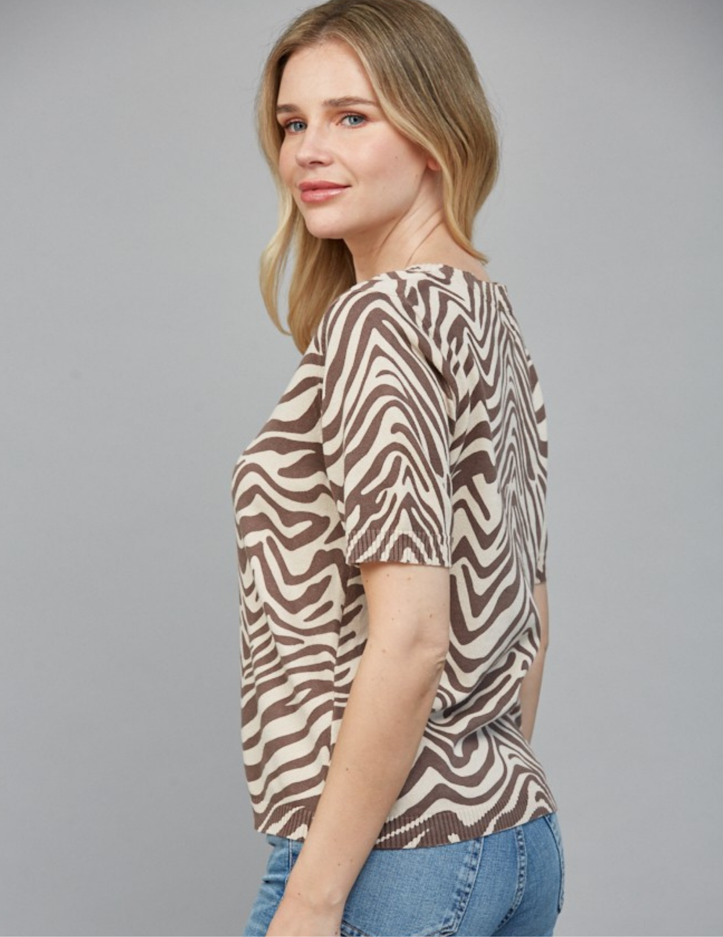 Animal Print Short Sleeve Sweater- Taupe/ Brown