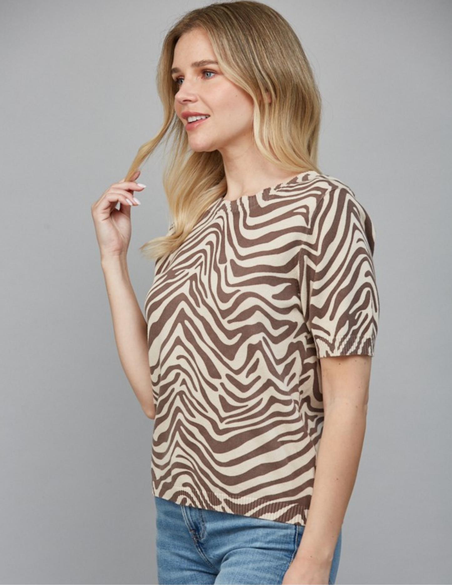 Animal Print Short Sleeve Sweater- Taupe/ Brown