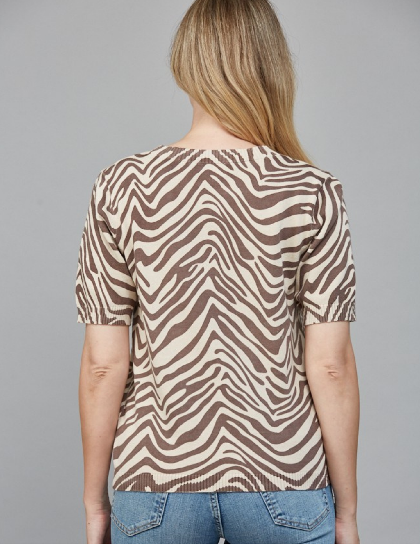 Animal Print Short Sleeve Sweater- Taupe/ Brown