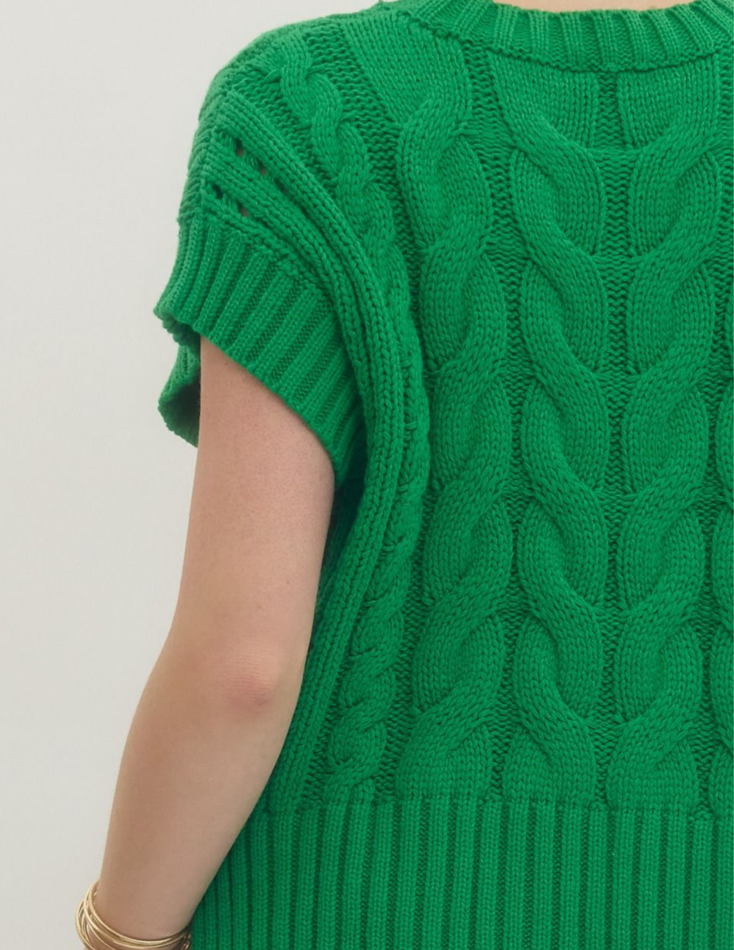 Cable Knit Short Sleeve Sweater- Green