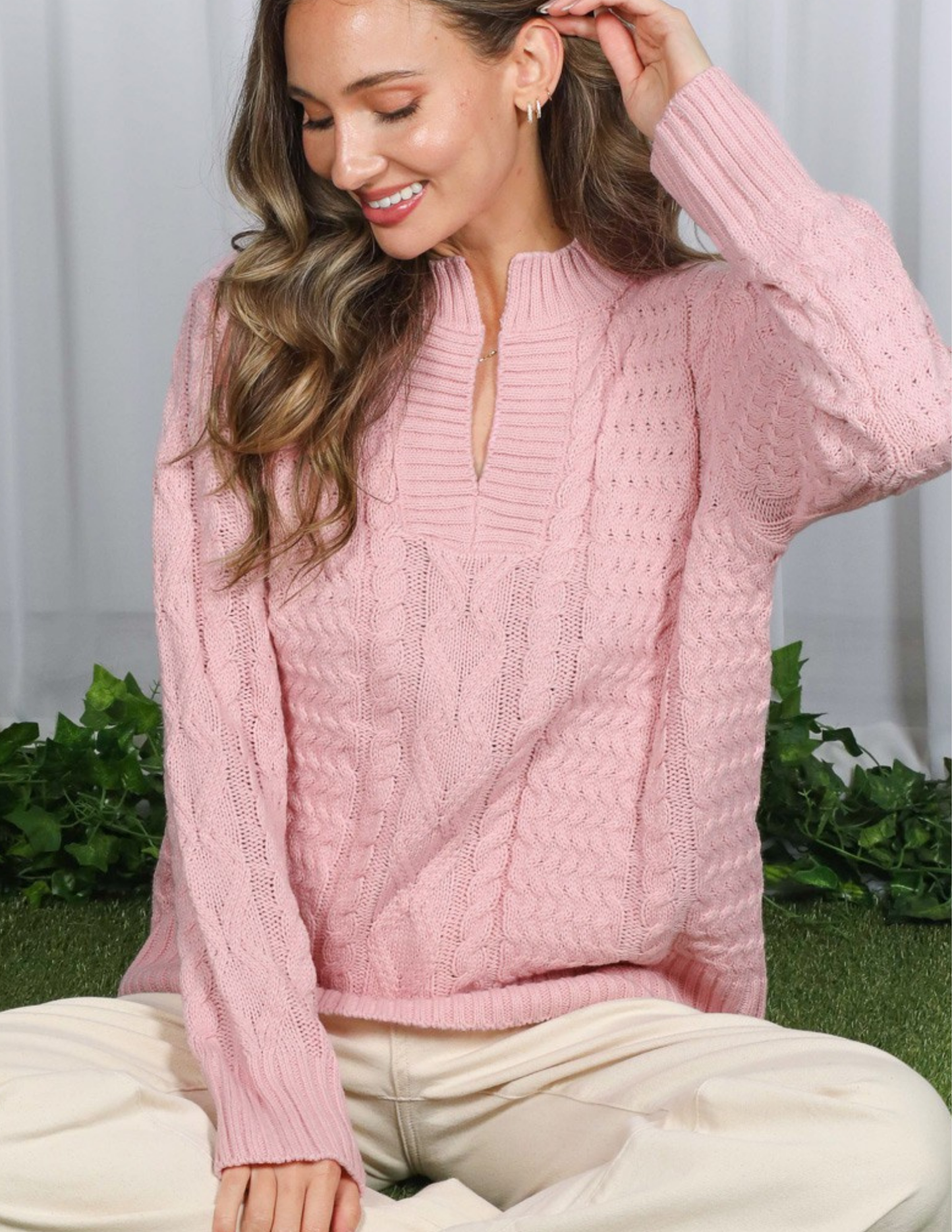 Cable V-Neck Knitted Sweater Top- Blush