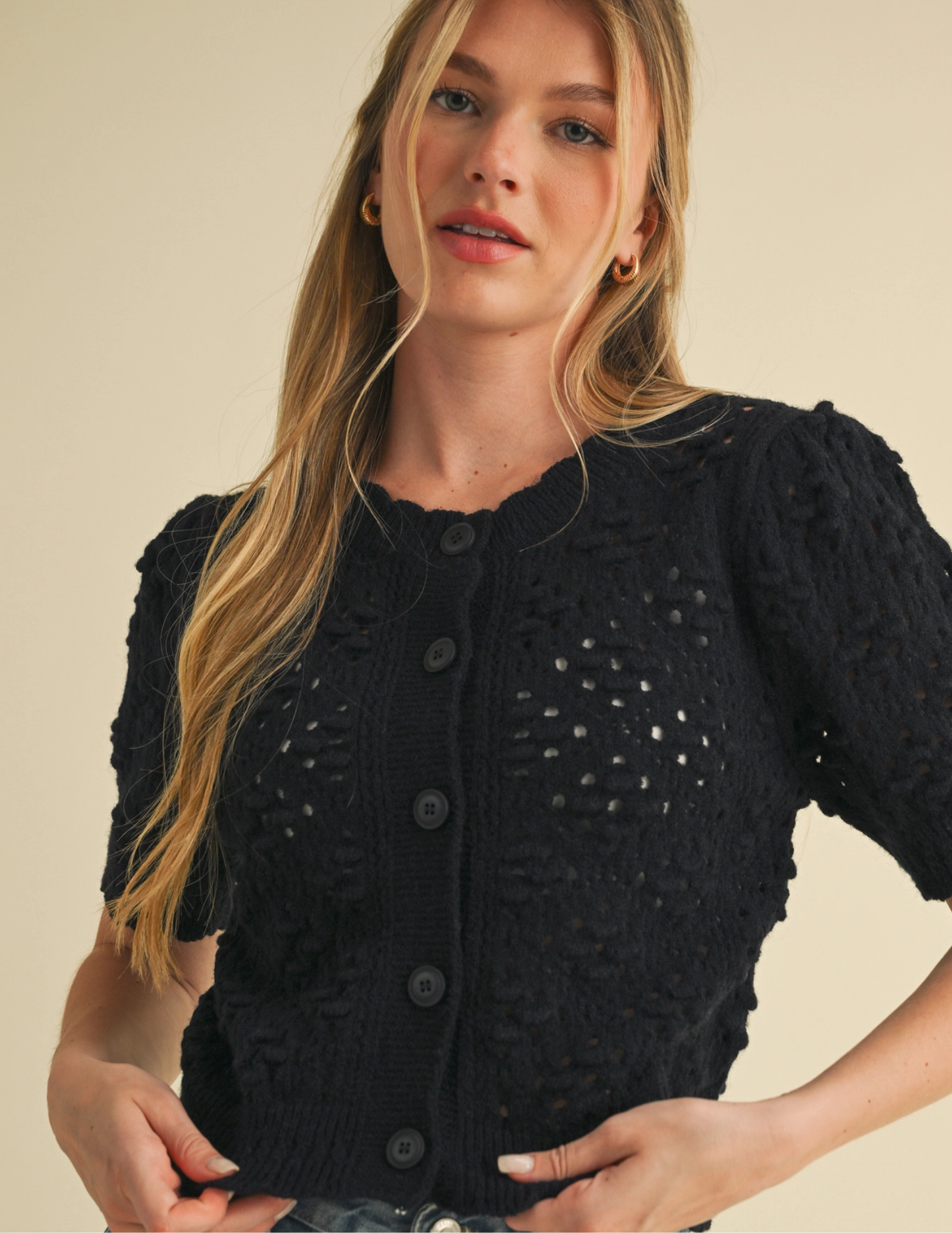 Cropped Pointelle Button Down Sweater Cardigan