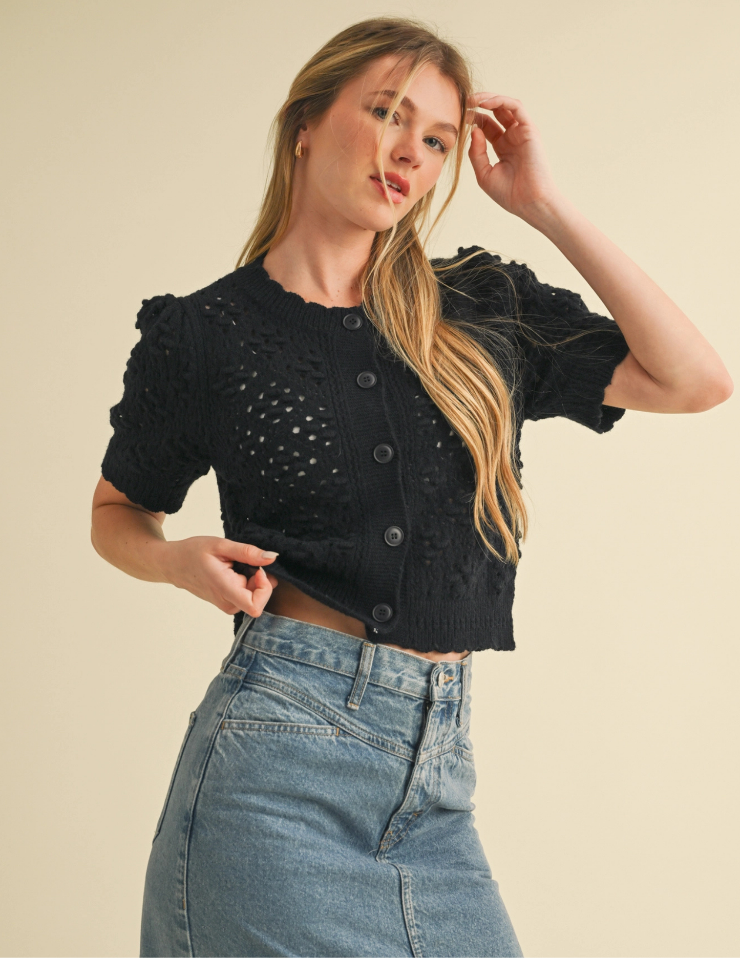 Cropped Pointelle Button Down Sweater Cardigan