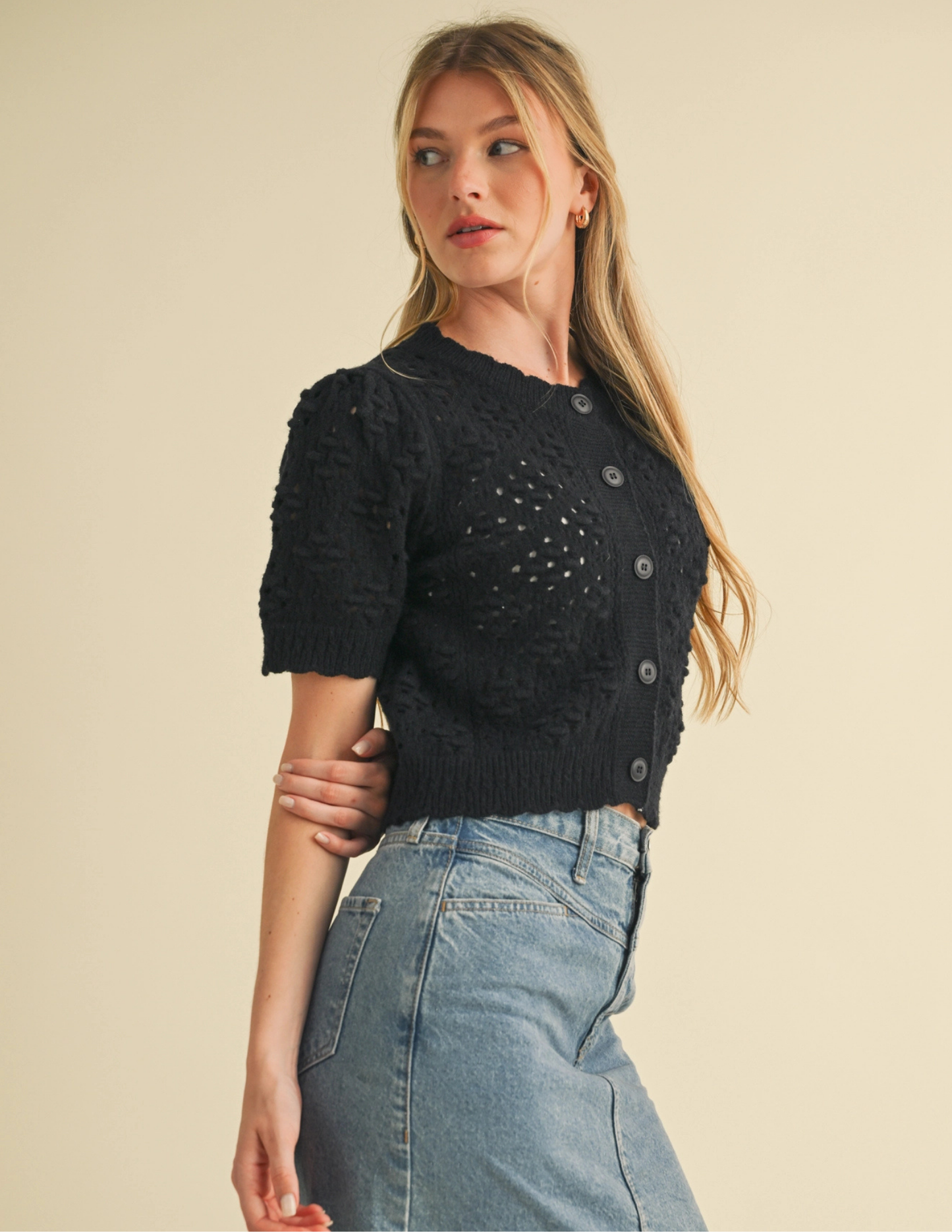 Cropped Pointelle Button Down Sweater Cardigan