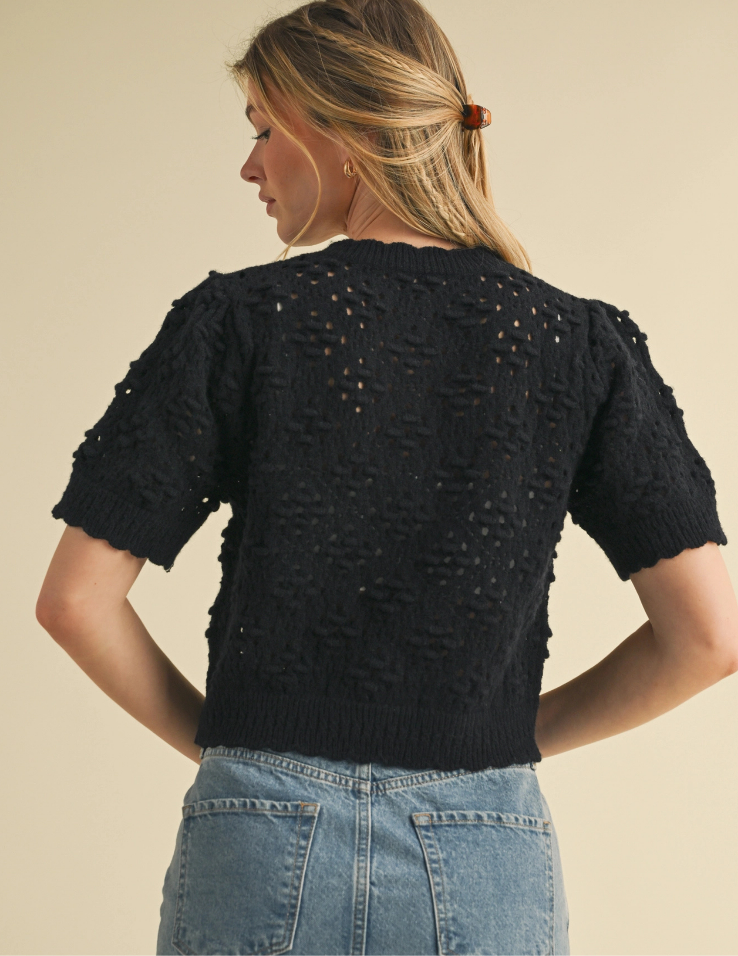 Cropped Pointelle Button Down Sweater Cardigan