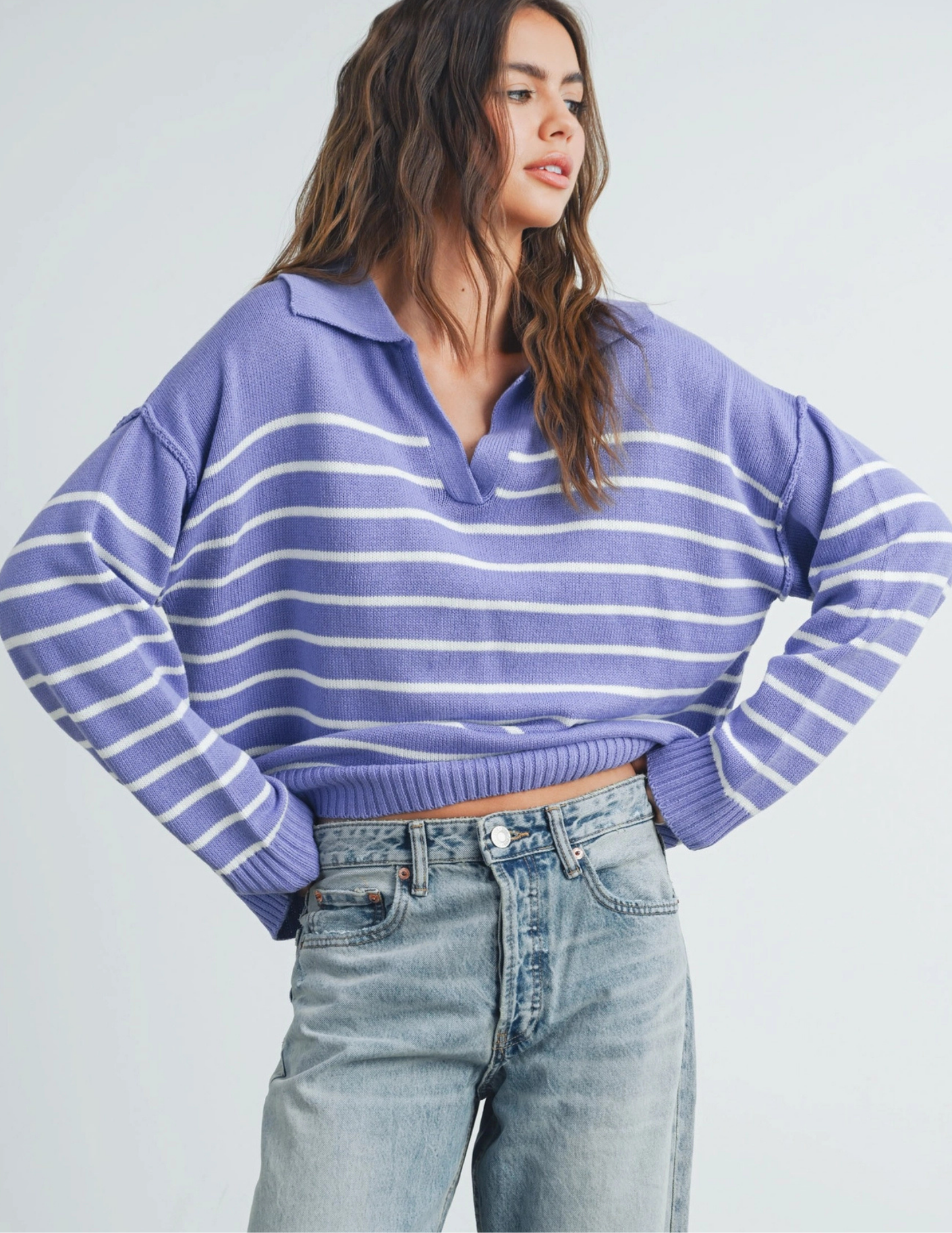 Fall V-Neck Striped Sweater- Periwinkle - Tres Chic Boutique