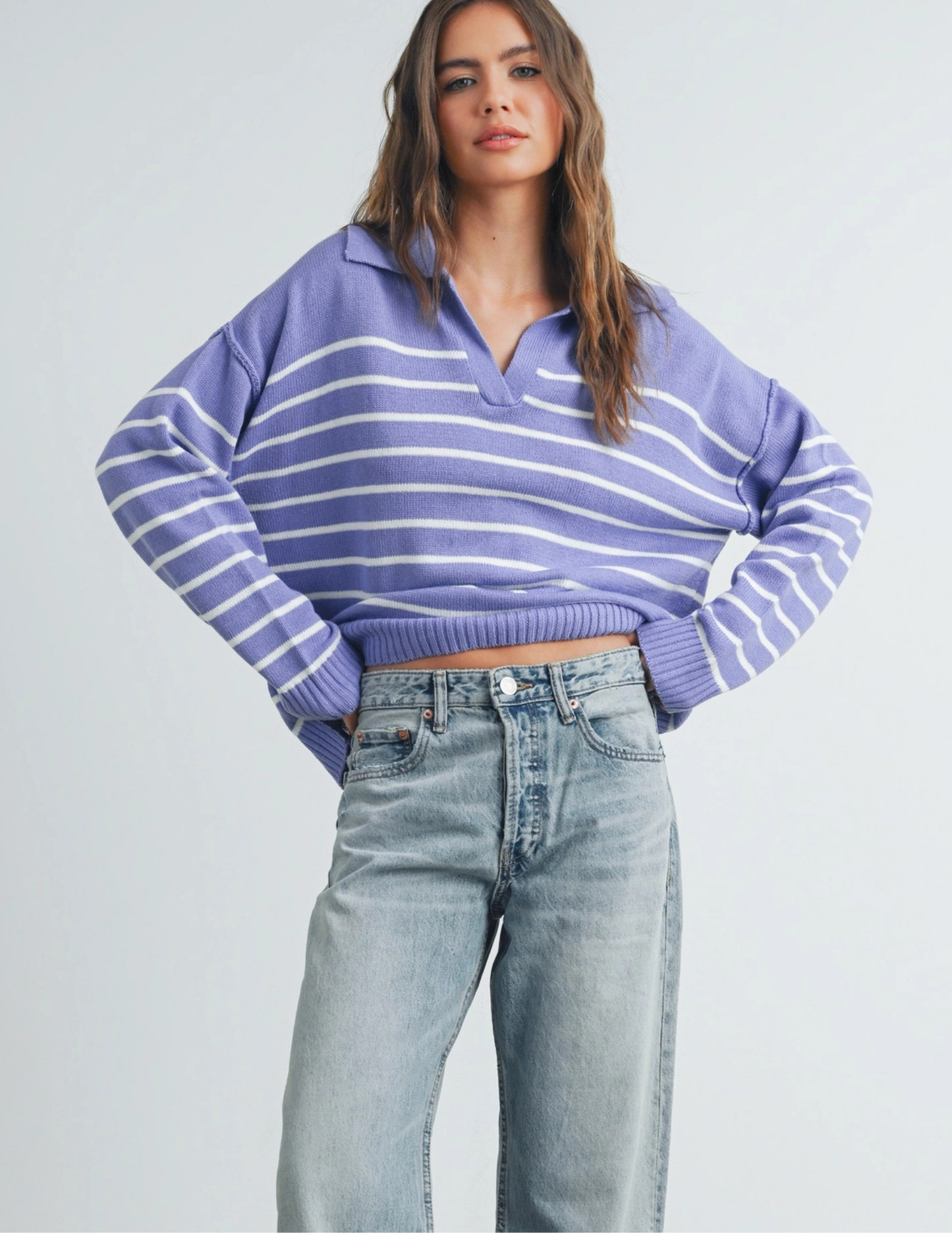 Fall V-Neck Striped Sweater- Periwinkle - Tres Chic Boutique