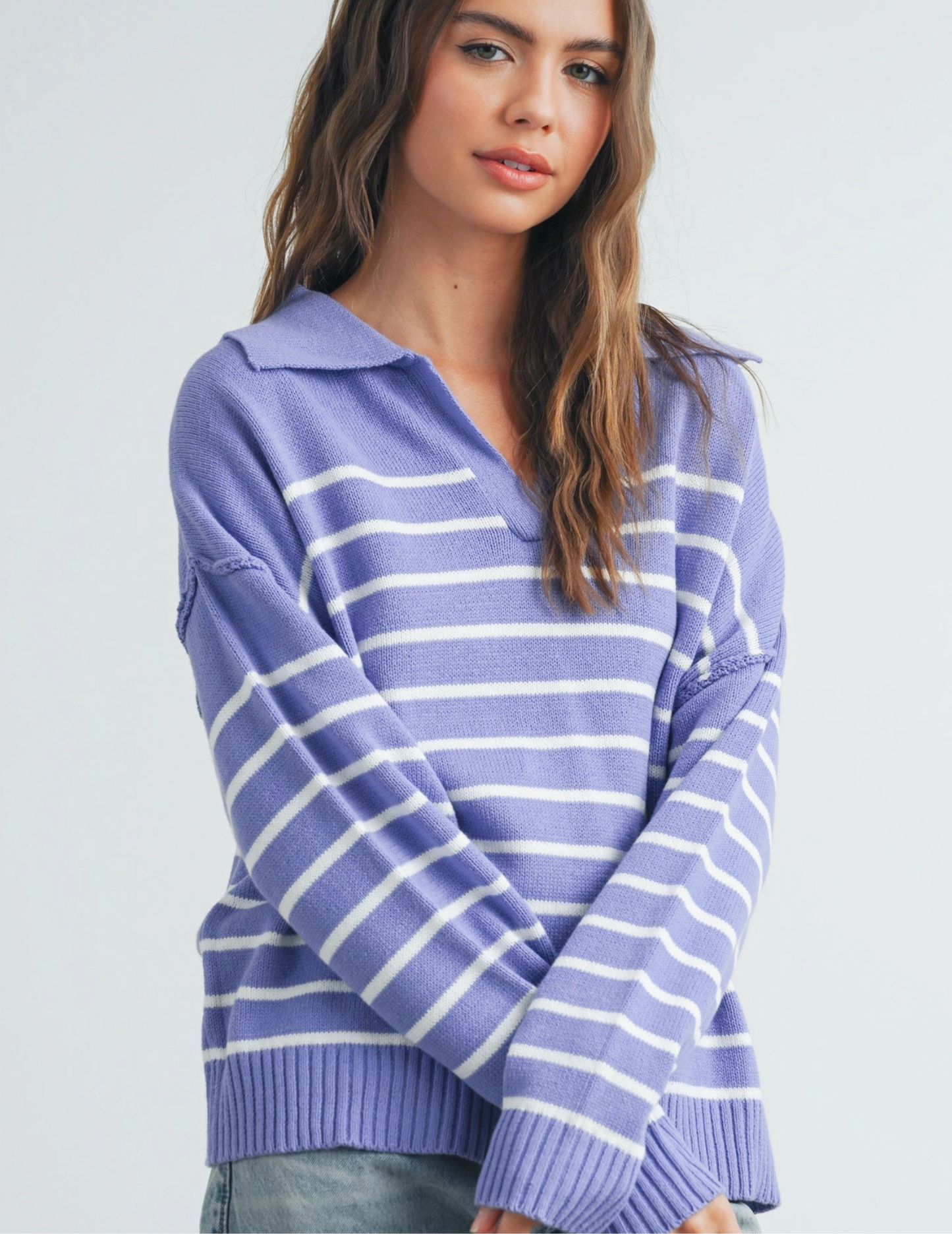 Fall V-Neck Striped Sweater- Periwinkle - Tres Chic Boutique