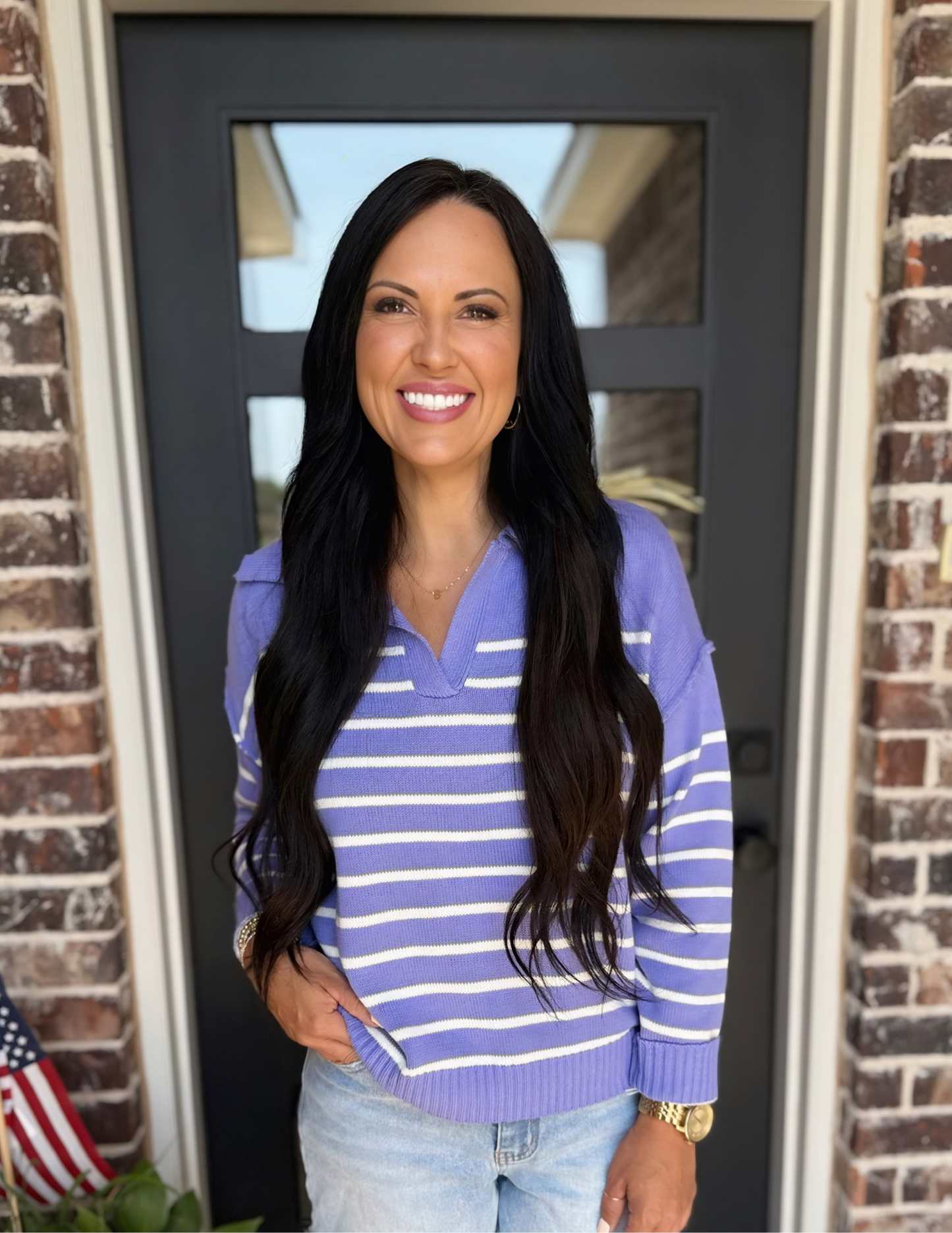 Fall V-Neck Striped Sweater- Periwinkle - Tres Chic Boutique