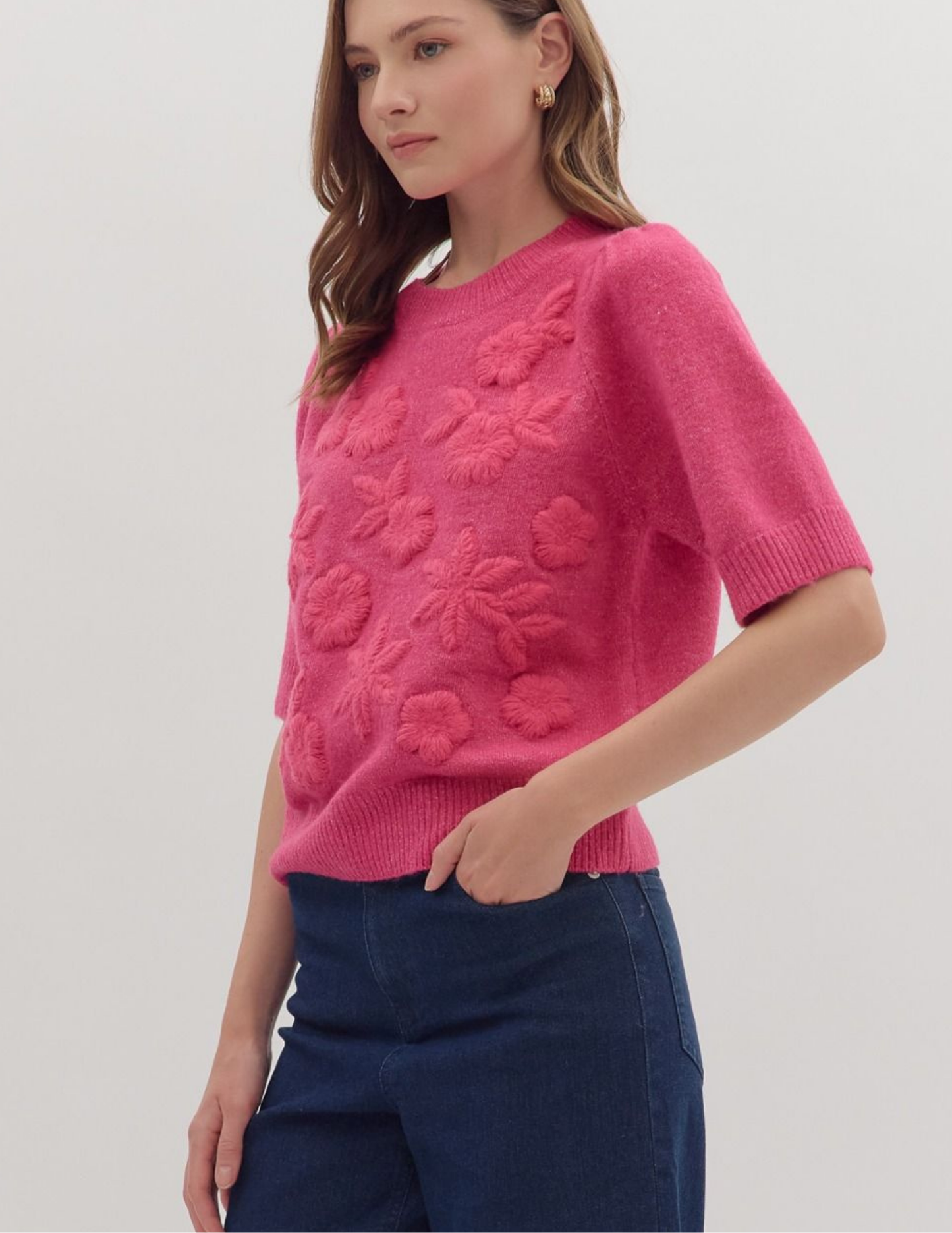 Floral Applique Sweater- Pink