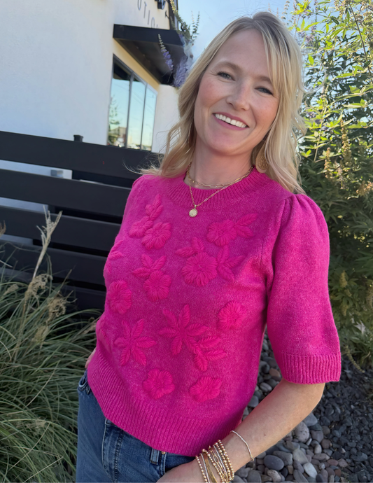 Floral Applique Sweater- Pink