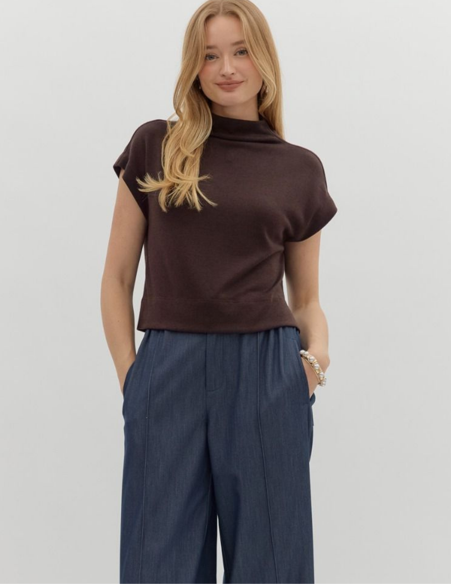 Mock Neck Pullover- Brown - Tres Chic Boutique