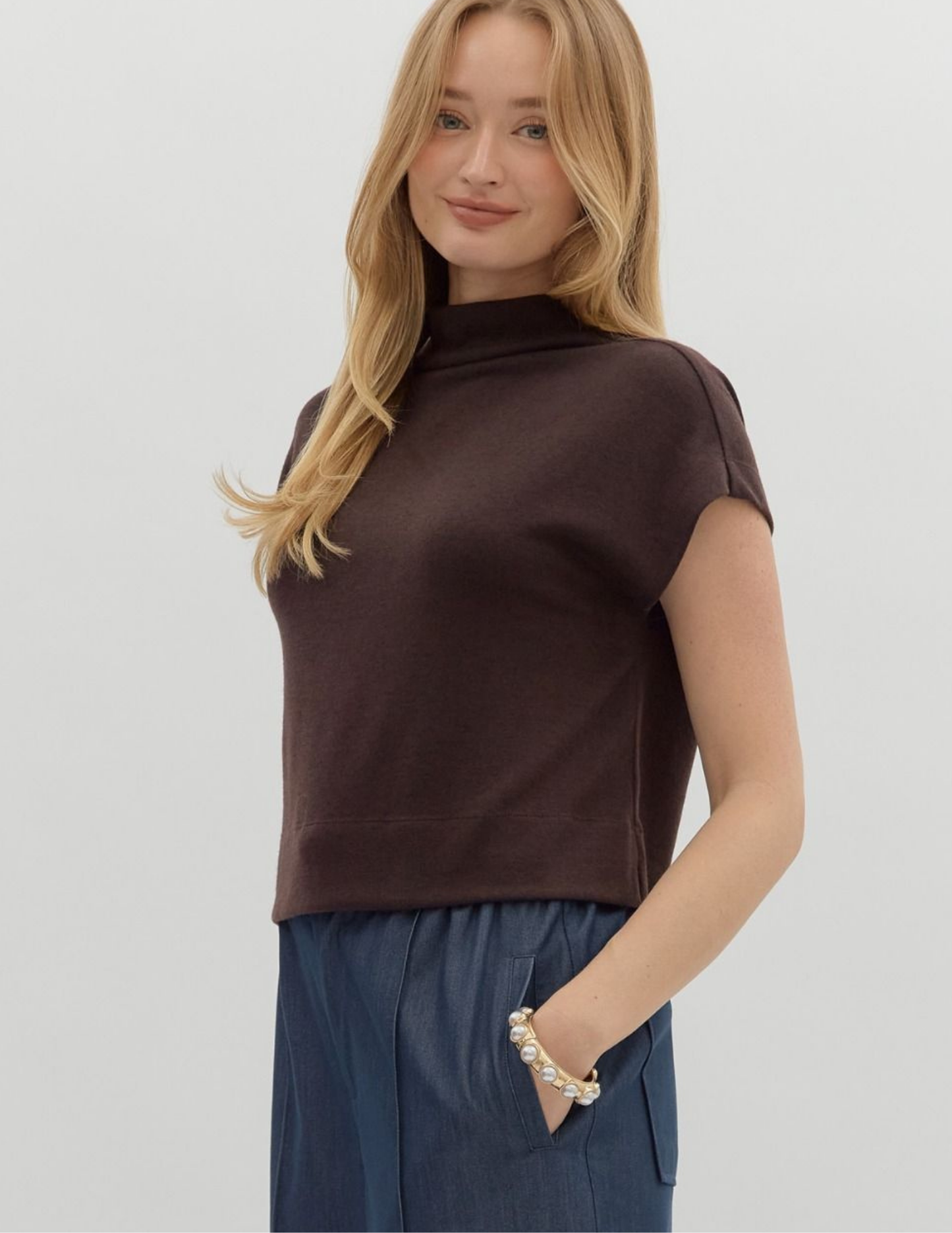 Mock Neck Pullover- Brown - Tres Chic Boutique