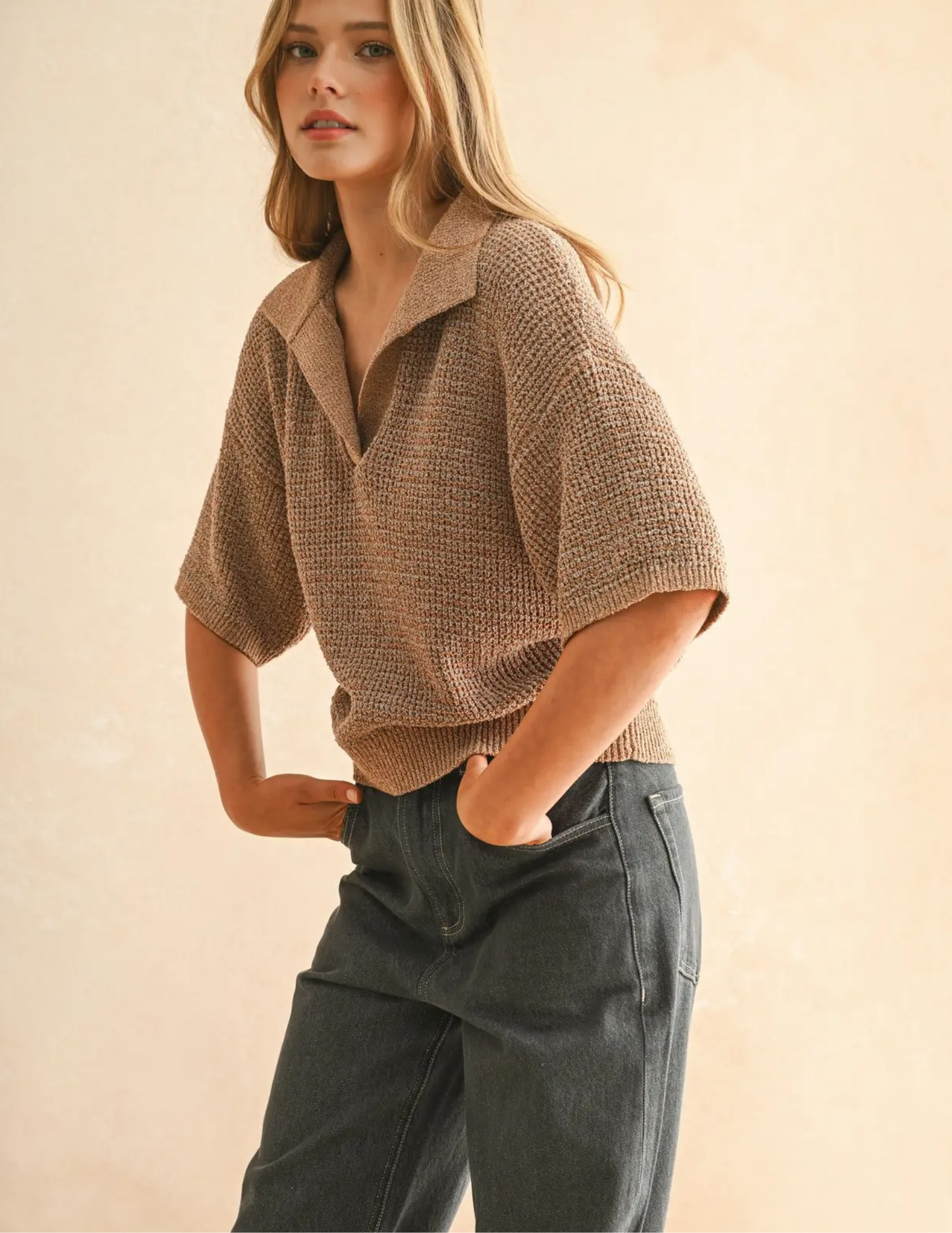 Mocha Brown Collared Knit Top - Tres Chic Boutique