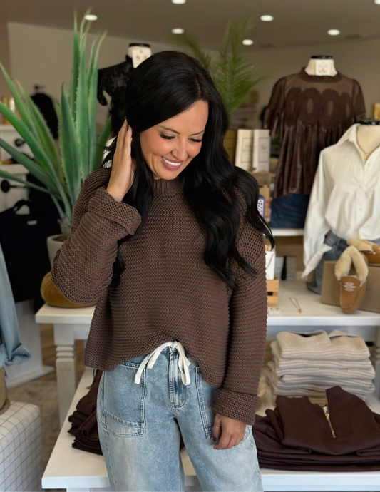 Round Neck Sweater Knitted Top- Chocolate