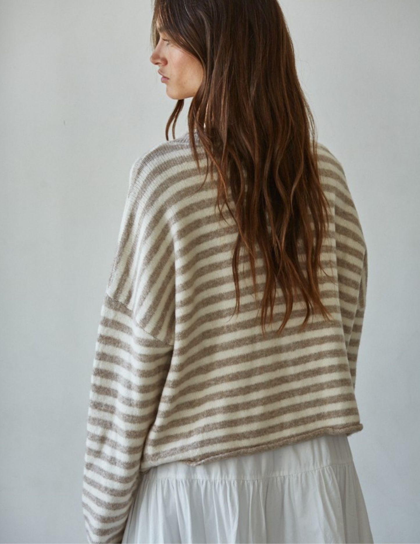 Striped Buttondown Cardigan Top- Taupe
