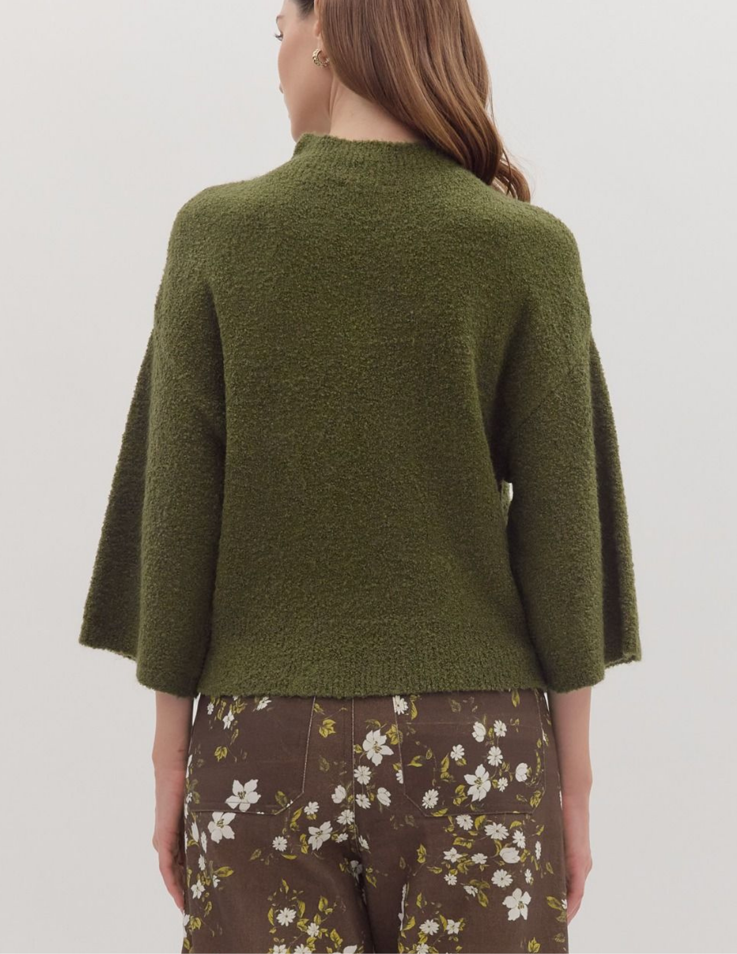 Three Quarter Sleeve Knit Sweater- Olive