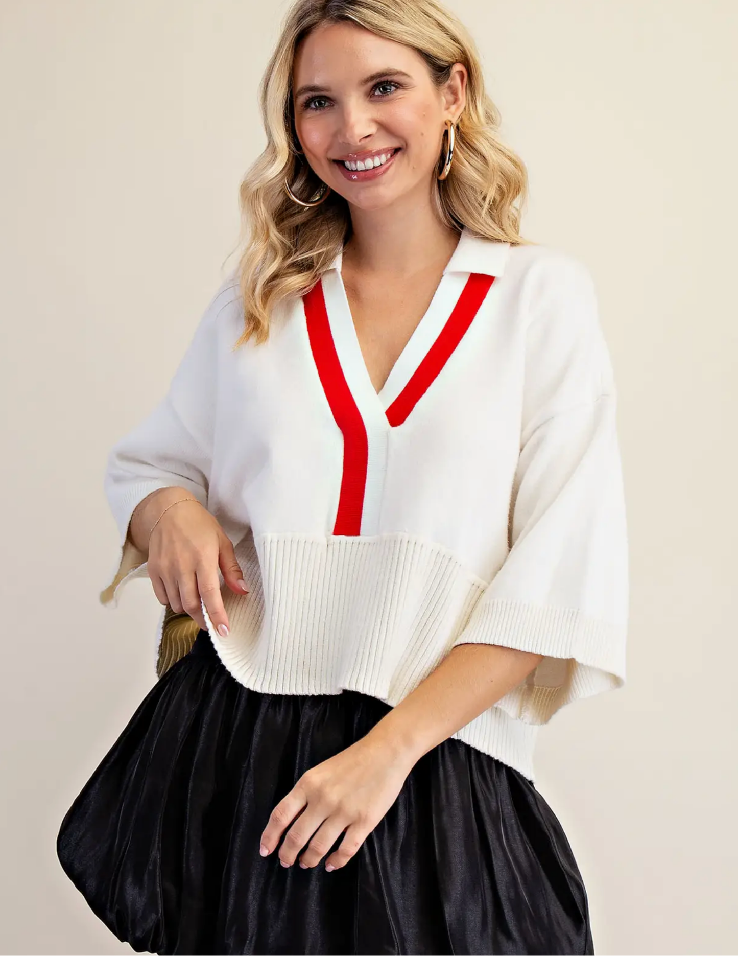Varsity Vneck Sweater-Ivory & Red - Tres Chic Boutique