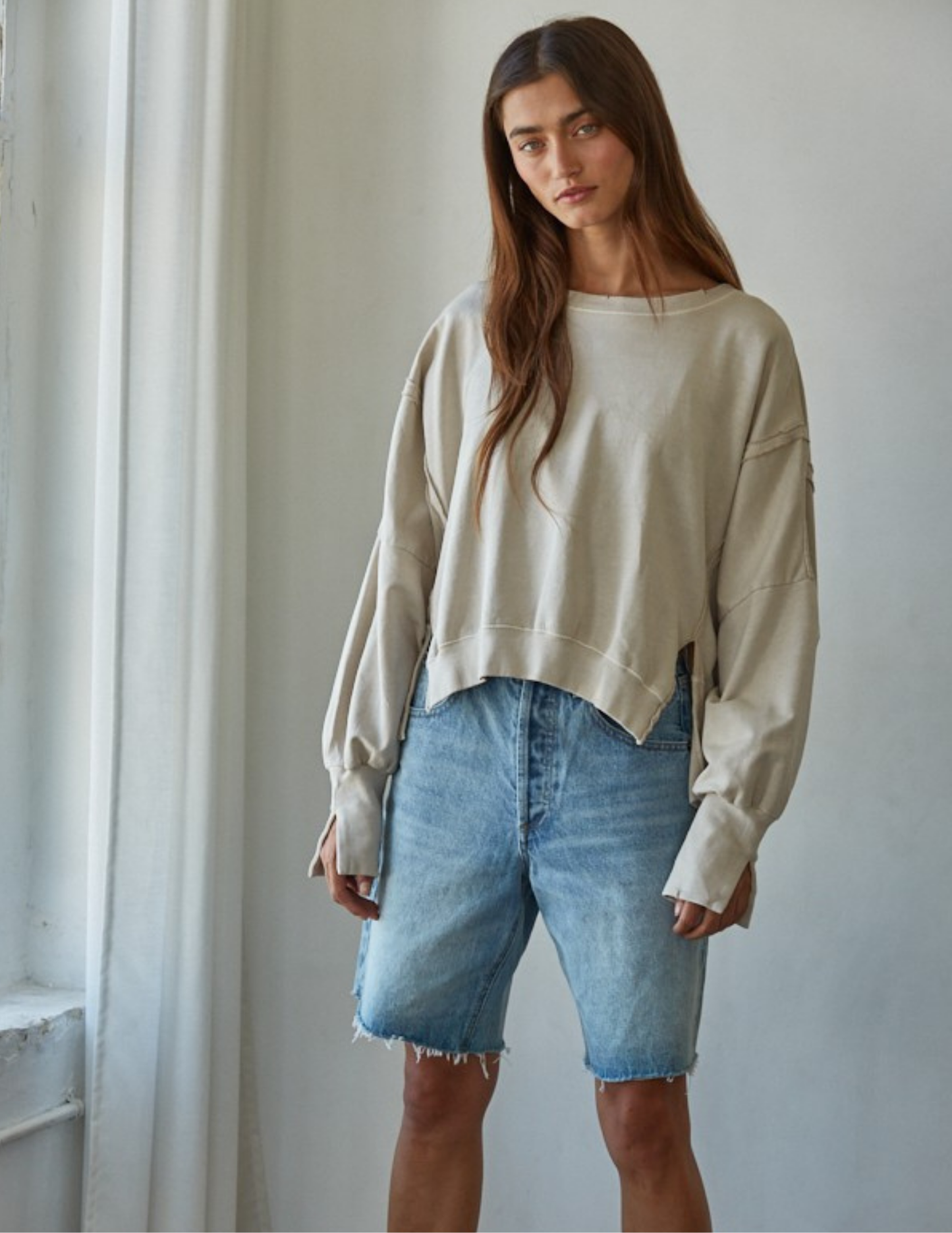 Everyday Hi-lo Slit Pullover- Beige