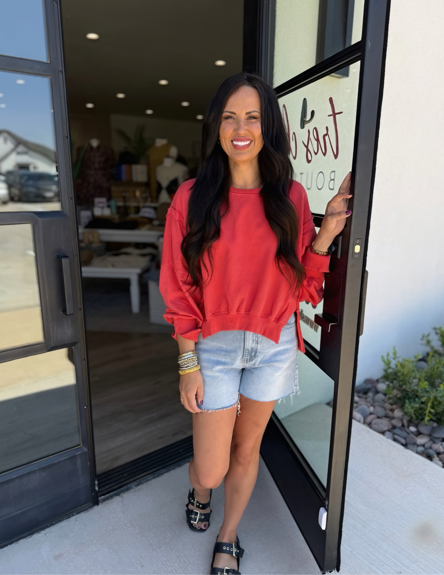 Everyday Hi-lo Slit Pullover- Cherry Tomato - Tres Chic Boutique