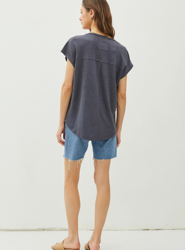 Charcoal V-Neck Linen Tee - Tres Chic Boutique