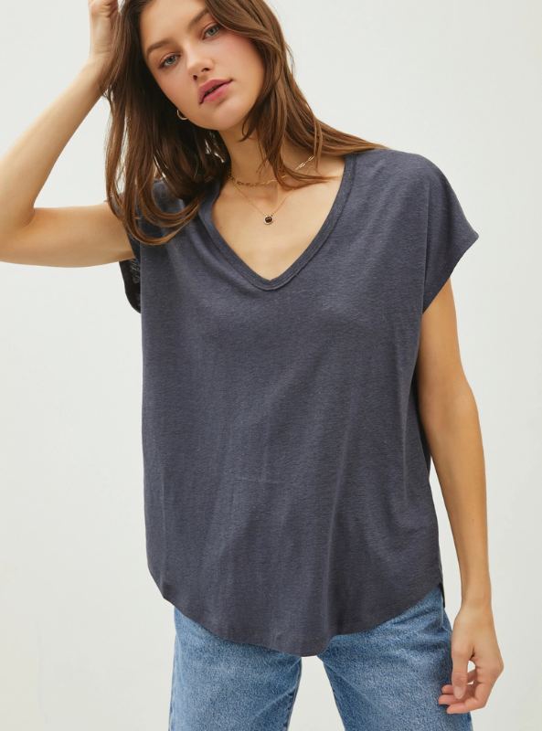 Charcoal V-Neck Linen Tee - Tres Chic Boutique