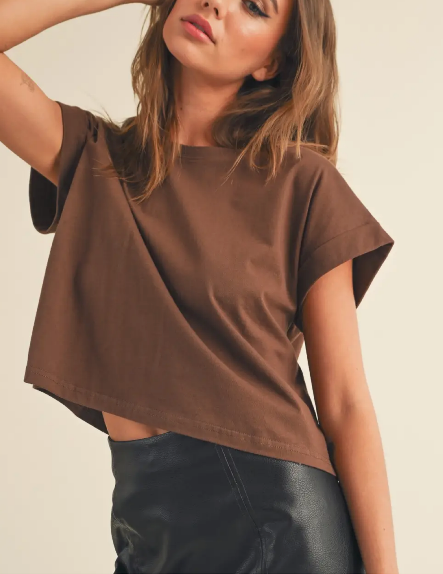 Cuffed Tee- Brown - Tres Chic Boutique