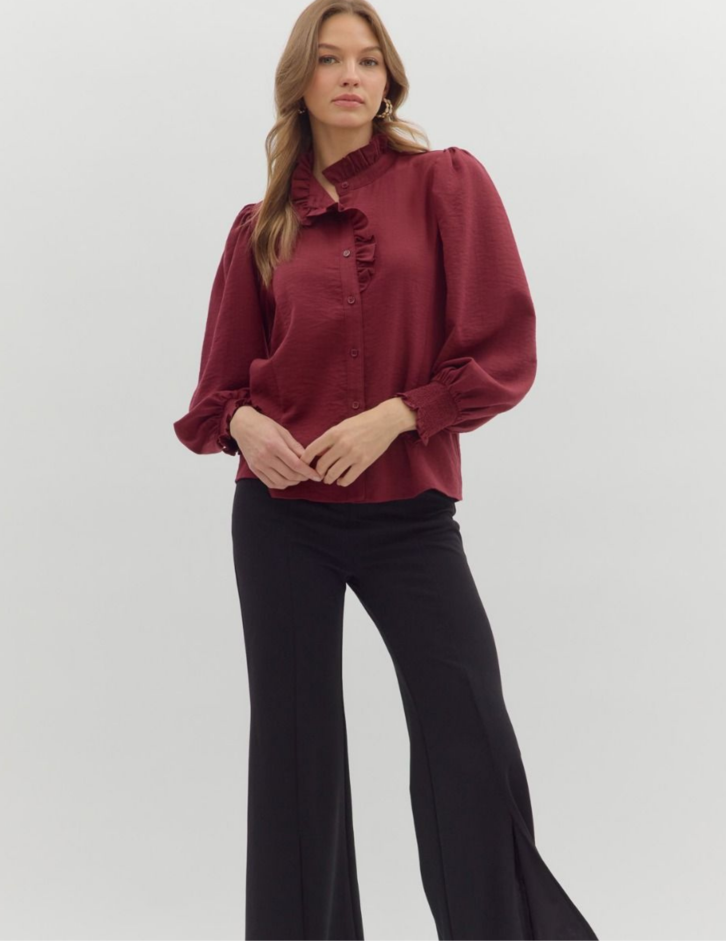 Back To Business Button Up Top- Burgundy - Tres Chic Boutique