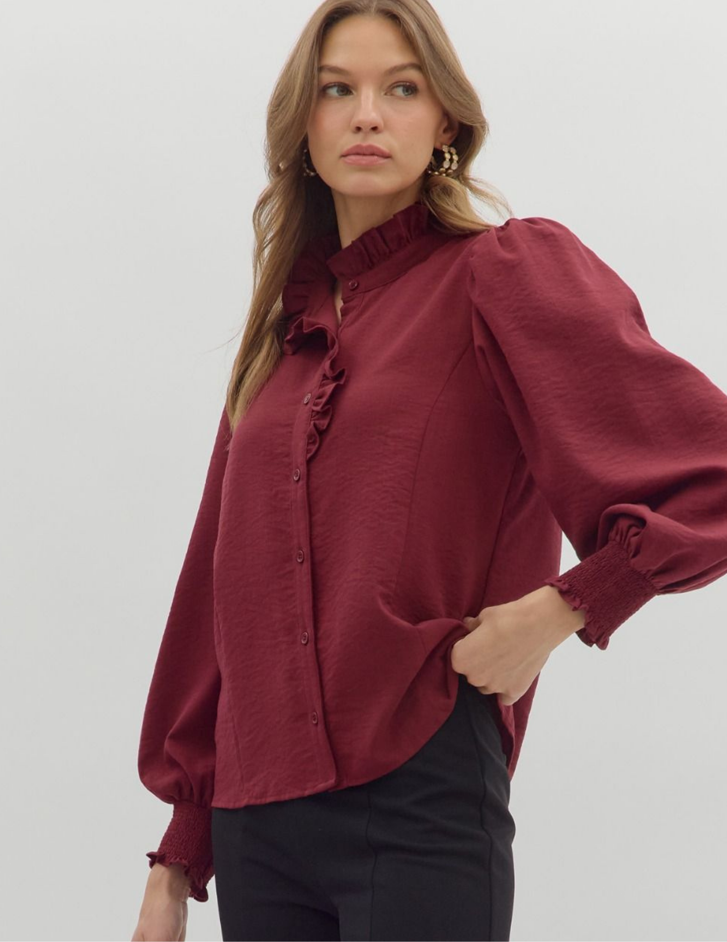 Back To Business Button Up Top- Burgundy - Tres Chic Boutique