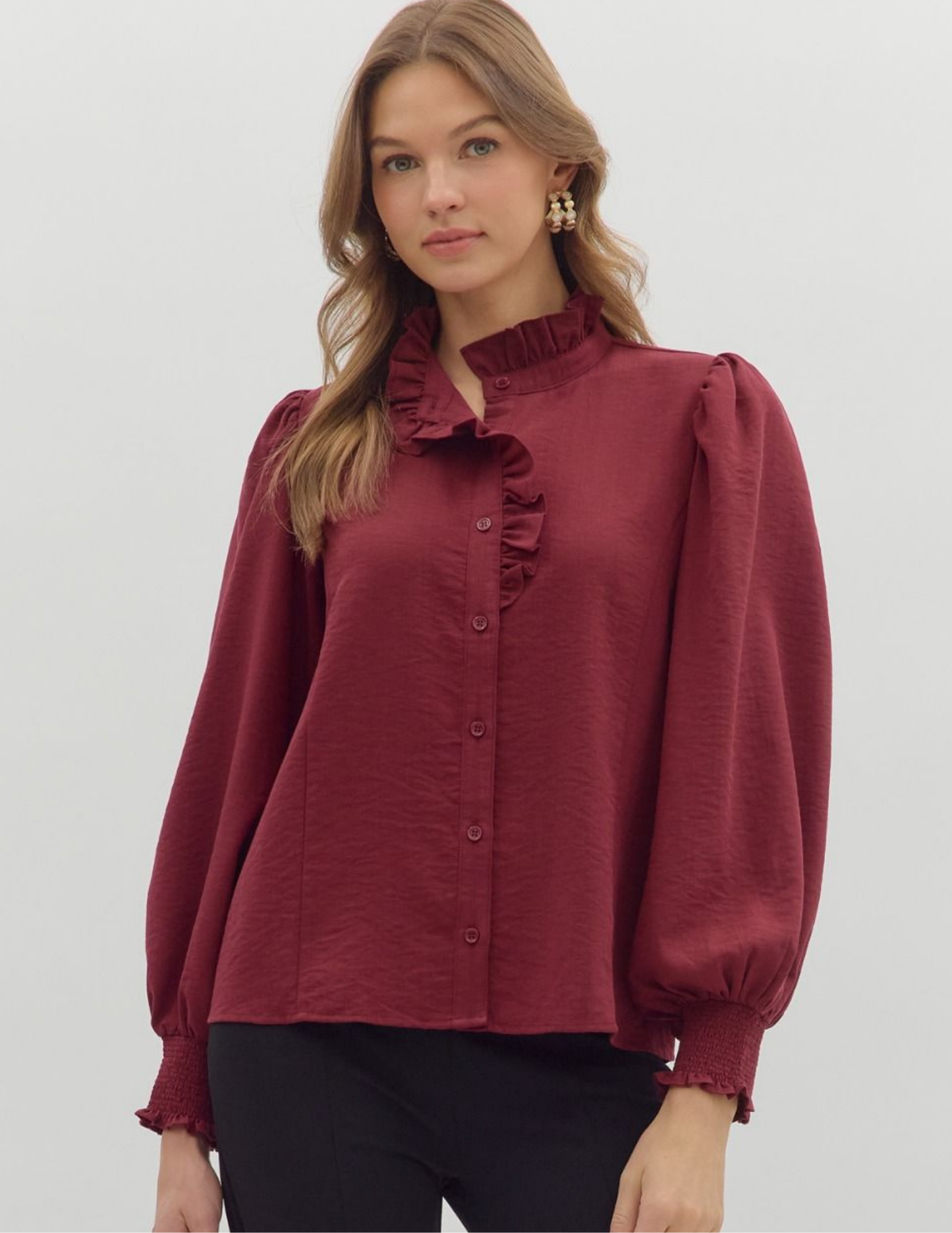 Back To Business Button Up Top- Burgundy - Tres Chic Boutique