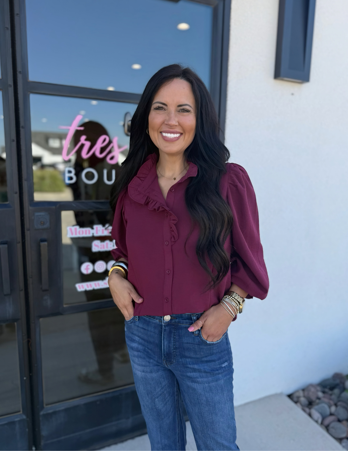 Back To Business Button Up Top- Burgundy