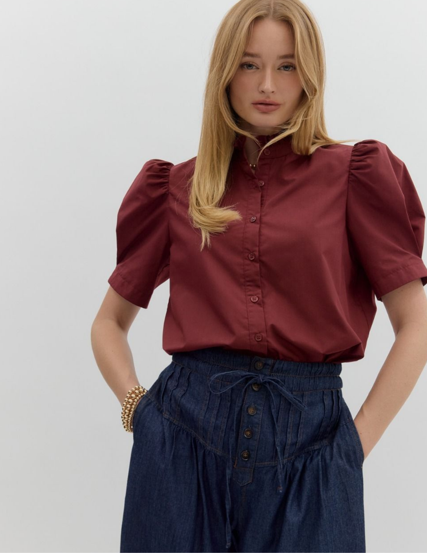 Bethany Puff Shoulder Top- Burgundy - Tres Chic Boutique