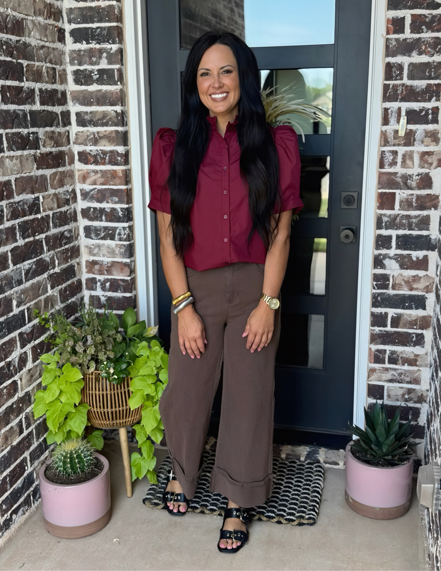 Bethany Puff Shoulder Top- Burgundy - Tres Chic Boutique