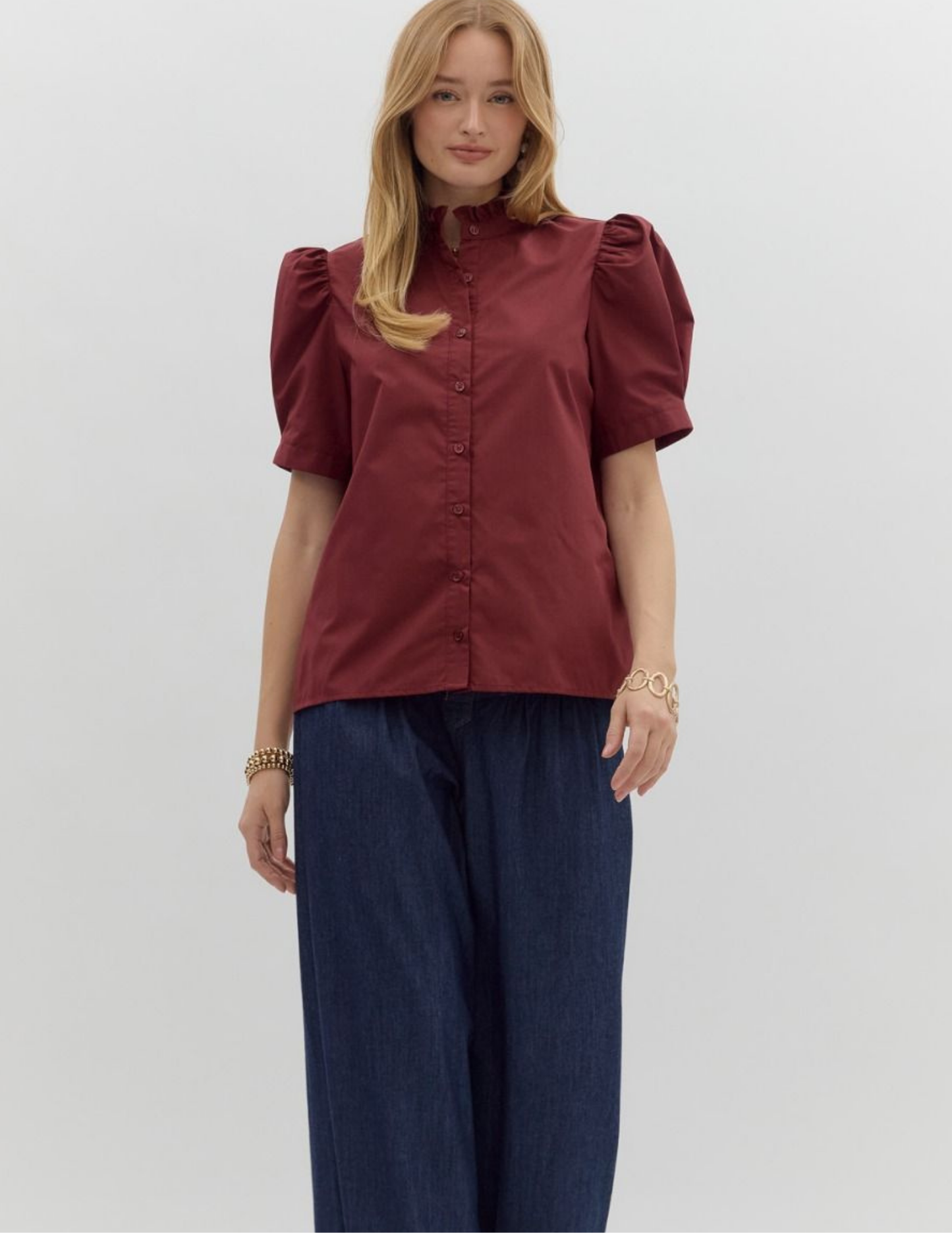Bethany Puff Shoulder Top- Burgundy - Tres Chic Boutique