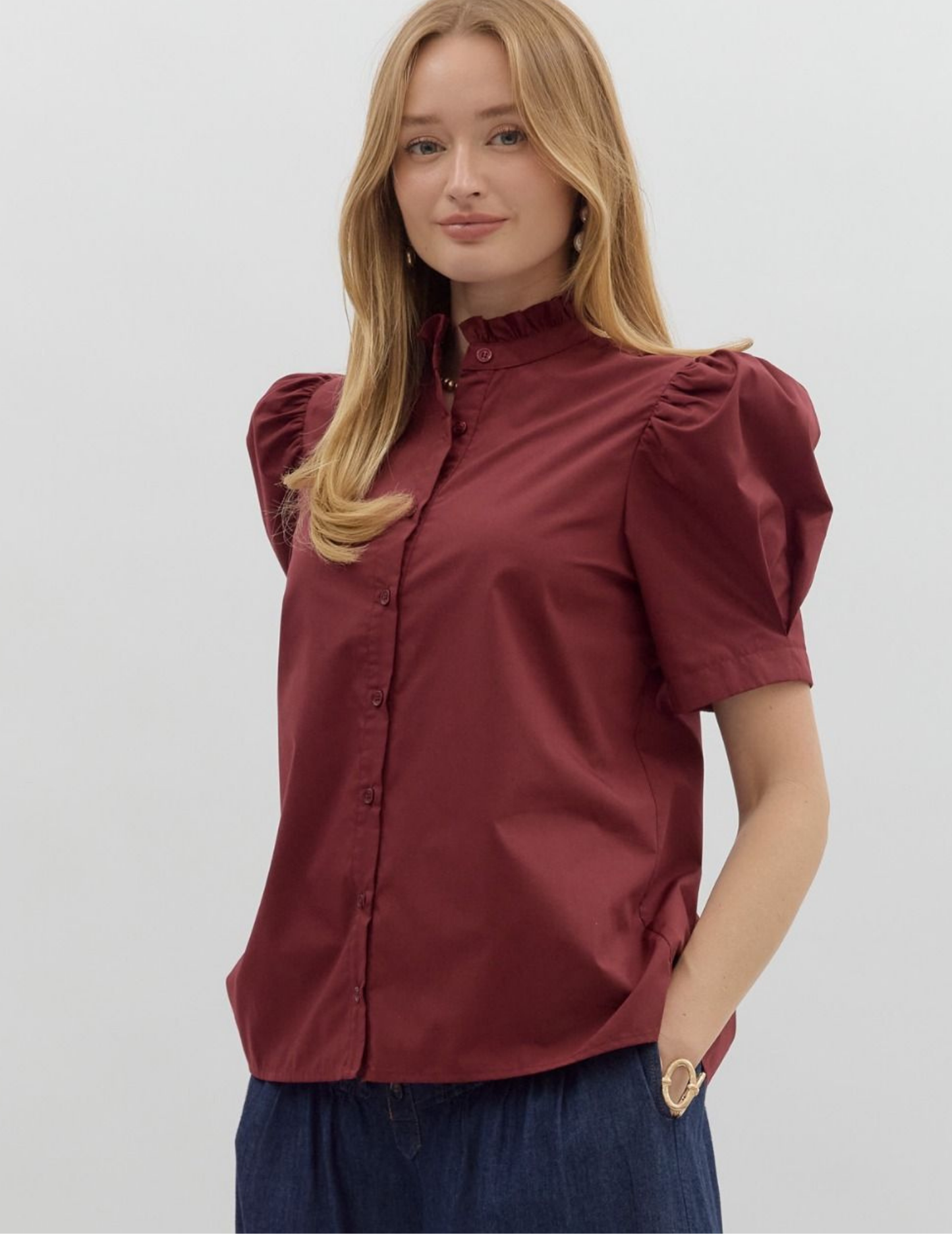 Bethany Puff Shoulder Top- Burgundy - Tres Chic Boutique