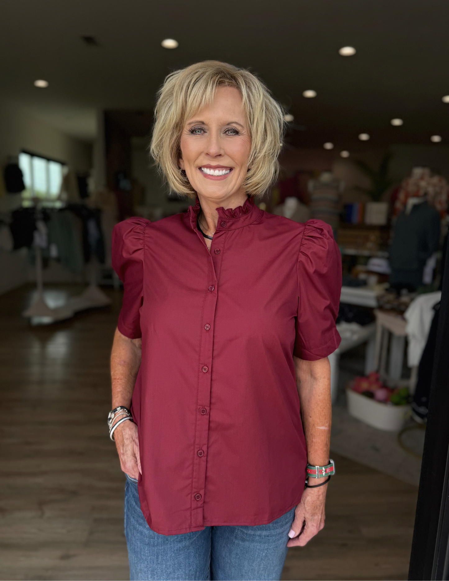 Bethany Puff Shoulder Top- Burgundy - Tres Chic Boutique