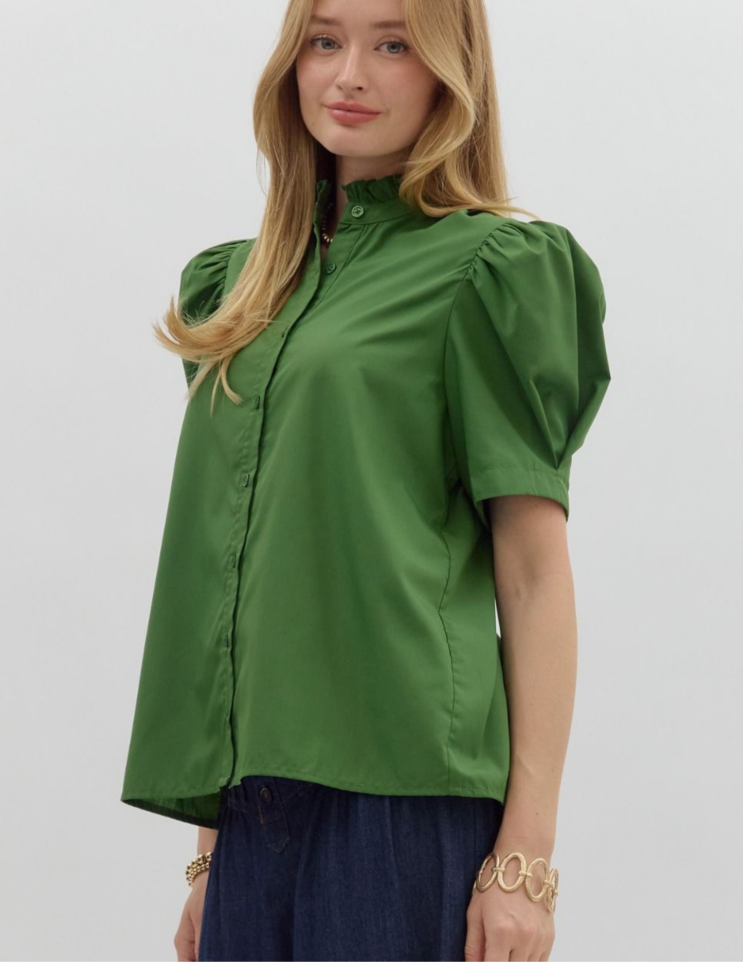Bethany Puff Shoulder Top- Green - Tres Chic Boutique