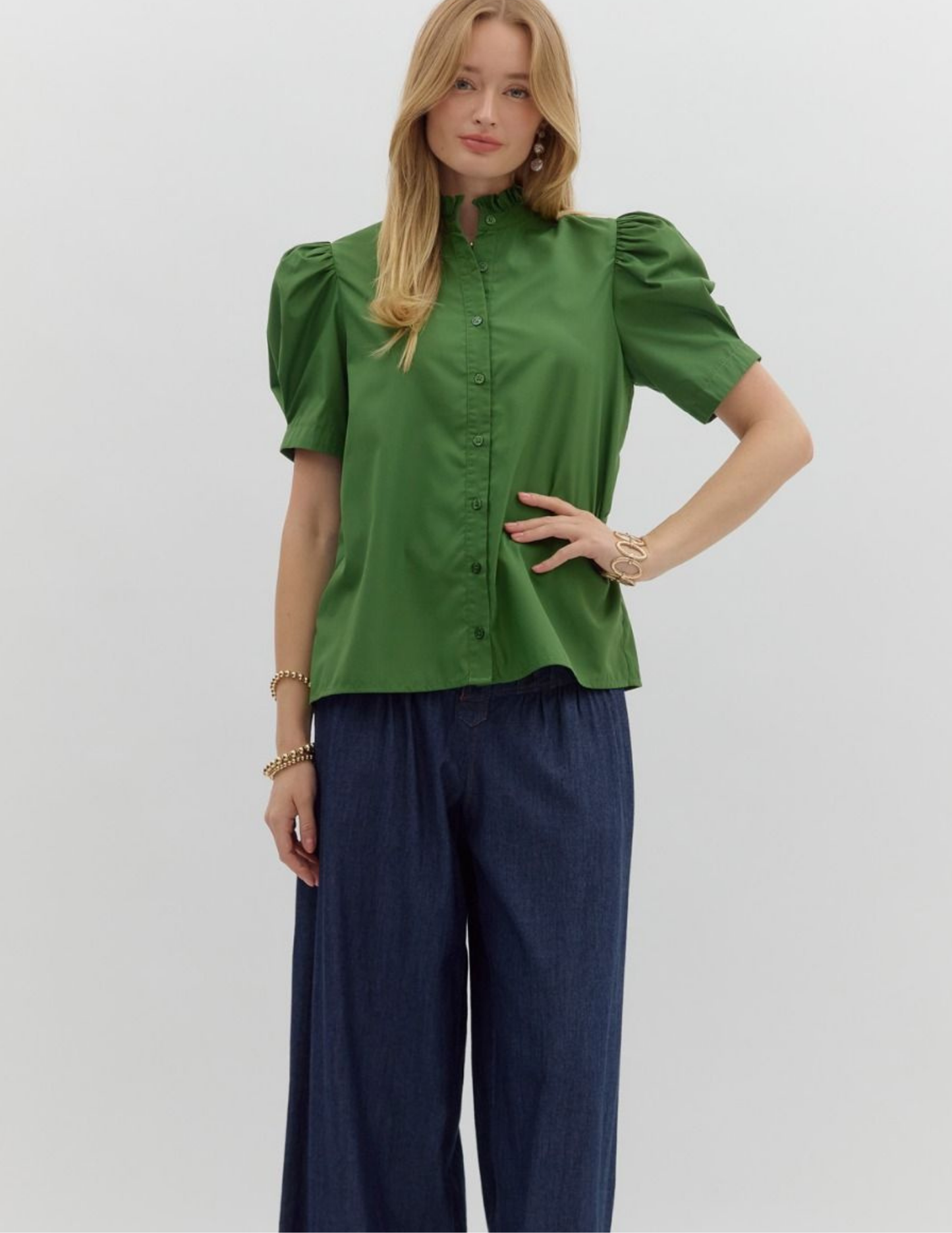 Bethany Puff Shoulder Top- Green - Tres Chic Boutique