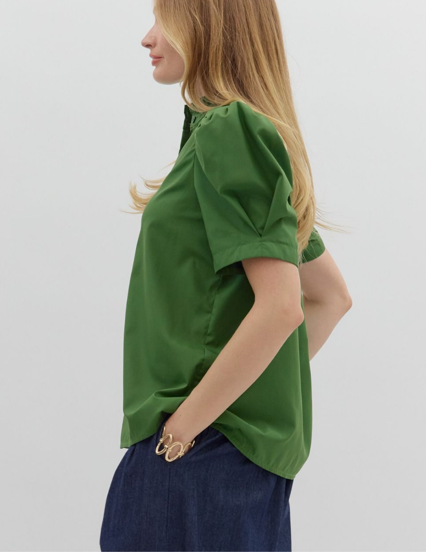 Bethany Puff Shoulder Top- Green - Tres Chic Boutique