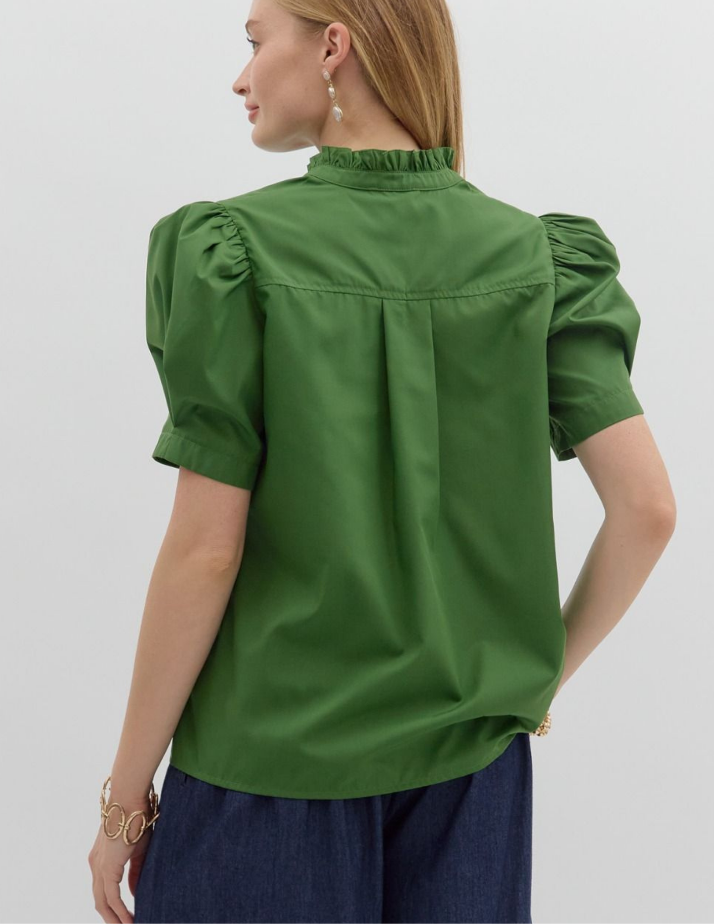 Bethany Puff Shoulder Top- Green - Tres Chic Boutique