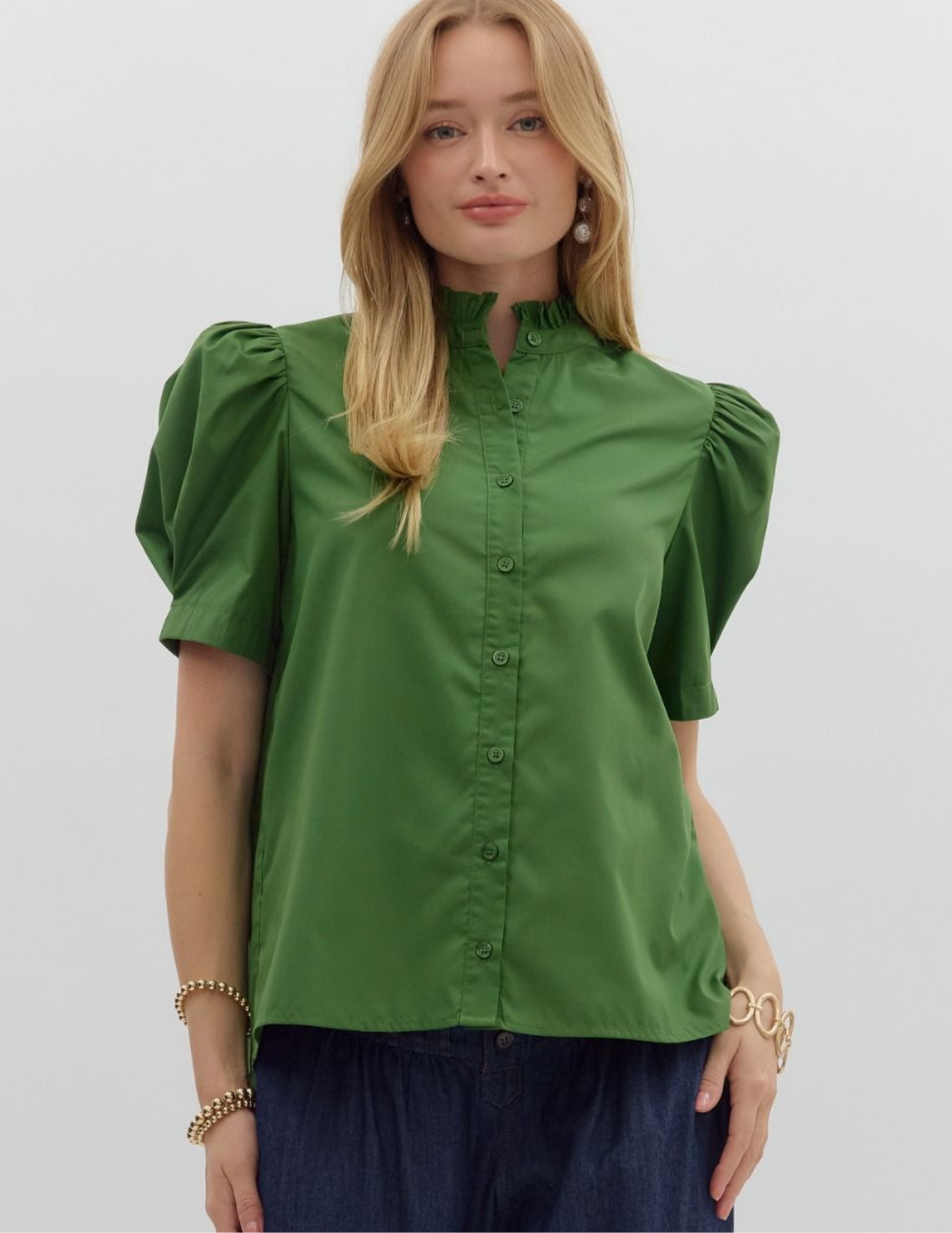 Bethany Puff Shoulder Top- Green - Tres Chic Boutique