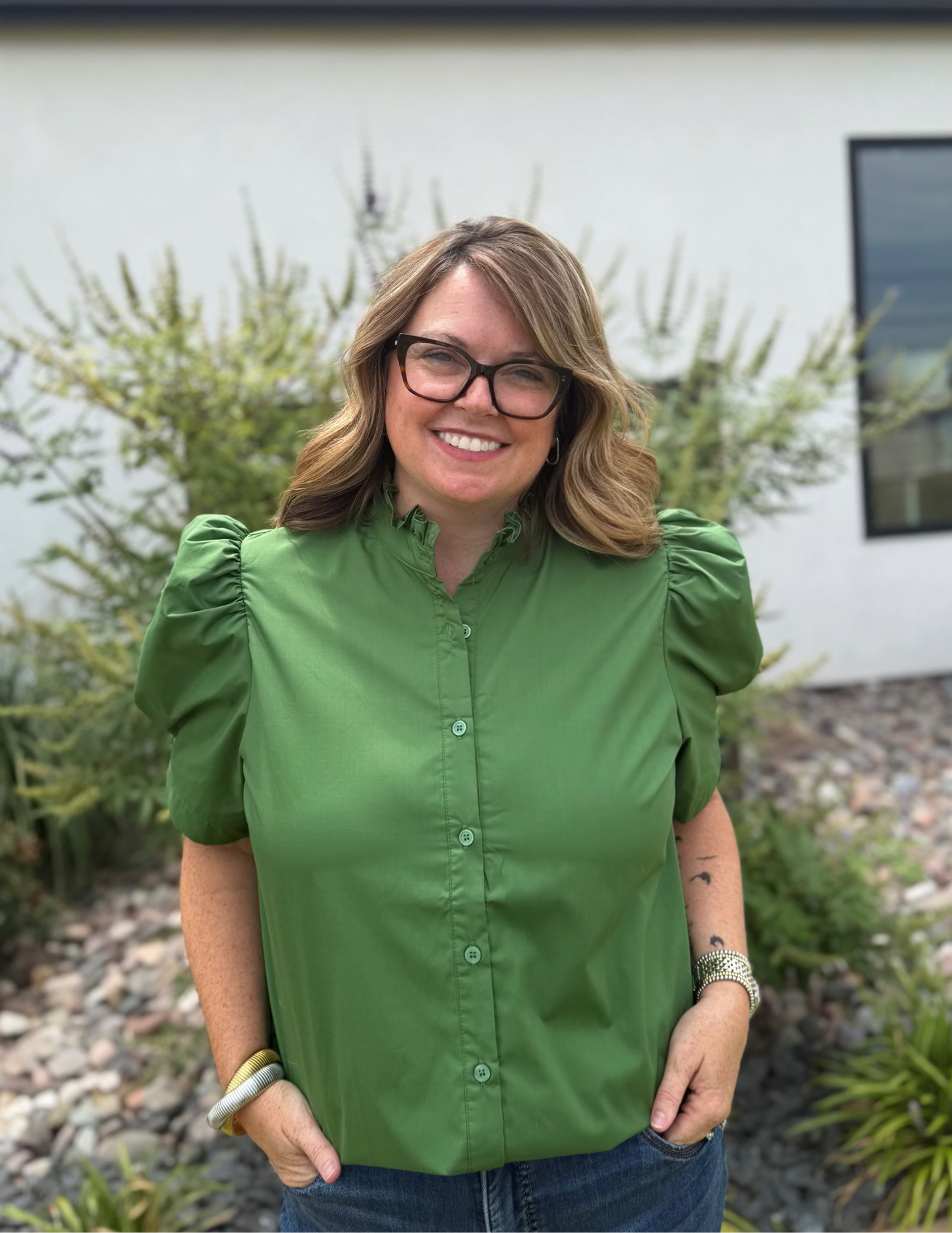 Bethany Puff Shoulder Top- Green - Tres Chic Boutique